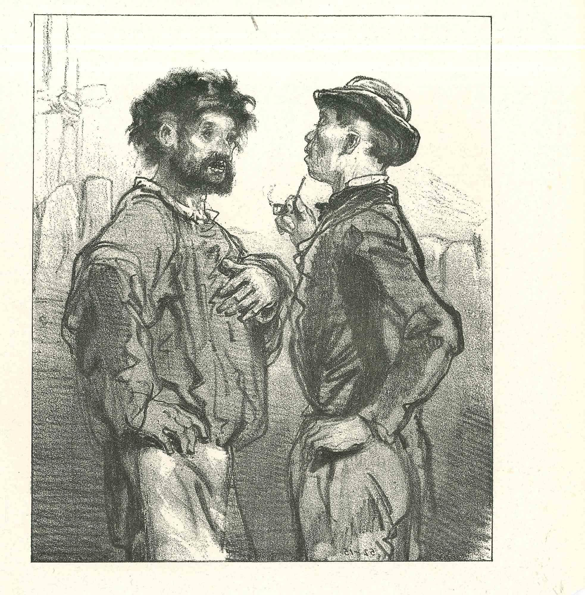 Figurative Print Paul Gavarni - Le délicieux chat en chit-chat - Lithographie originale - 1881