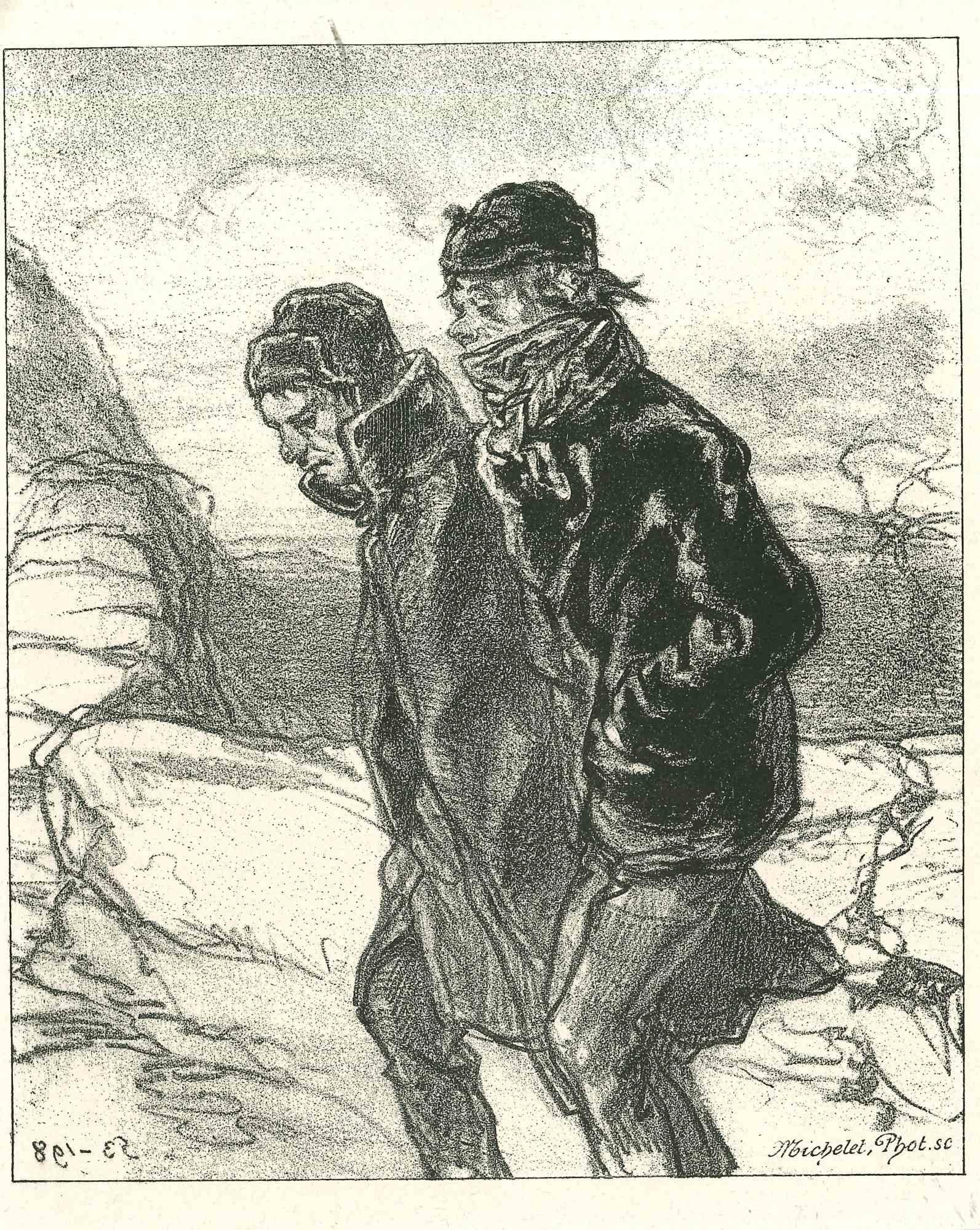 The men in the wind is an original lithograph artwork on ivory-colored paper, realized by the French draftsman Paul Gavarni (after) (alias Guillaume Sulpice Chevalier Gavarni, 1804-1866) in Paris, 1881, in the collection of Illustrations for "La
