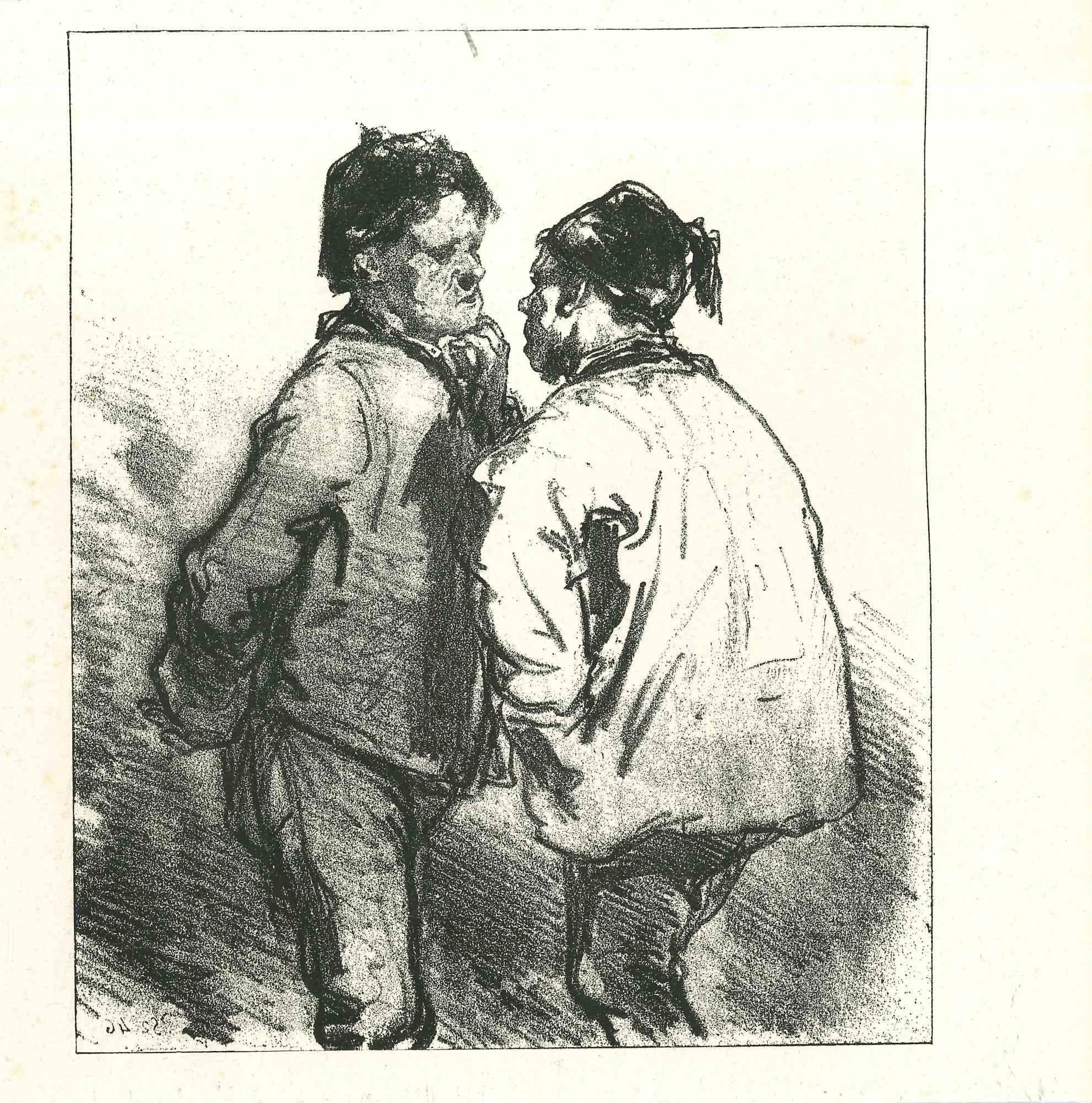 Two men is an original lithograph artwork on ivory-colored paper, realized by the French draftsman Paul Gavarni (after) (alias Guillaume Sulpice Chevalier Gavarni, 1804-1866) in Paris, 1881, in the collection of Illustrations for "La Mascarade