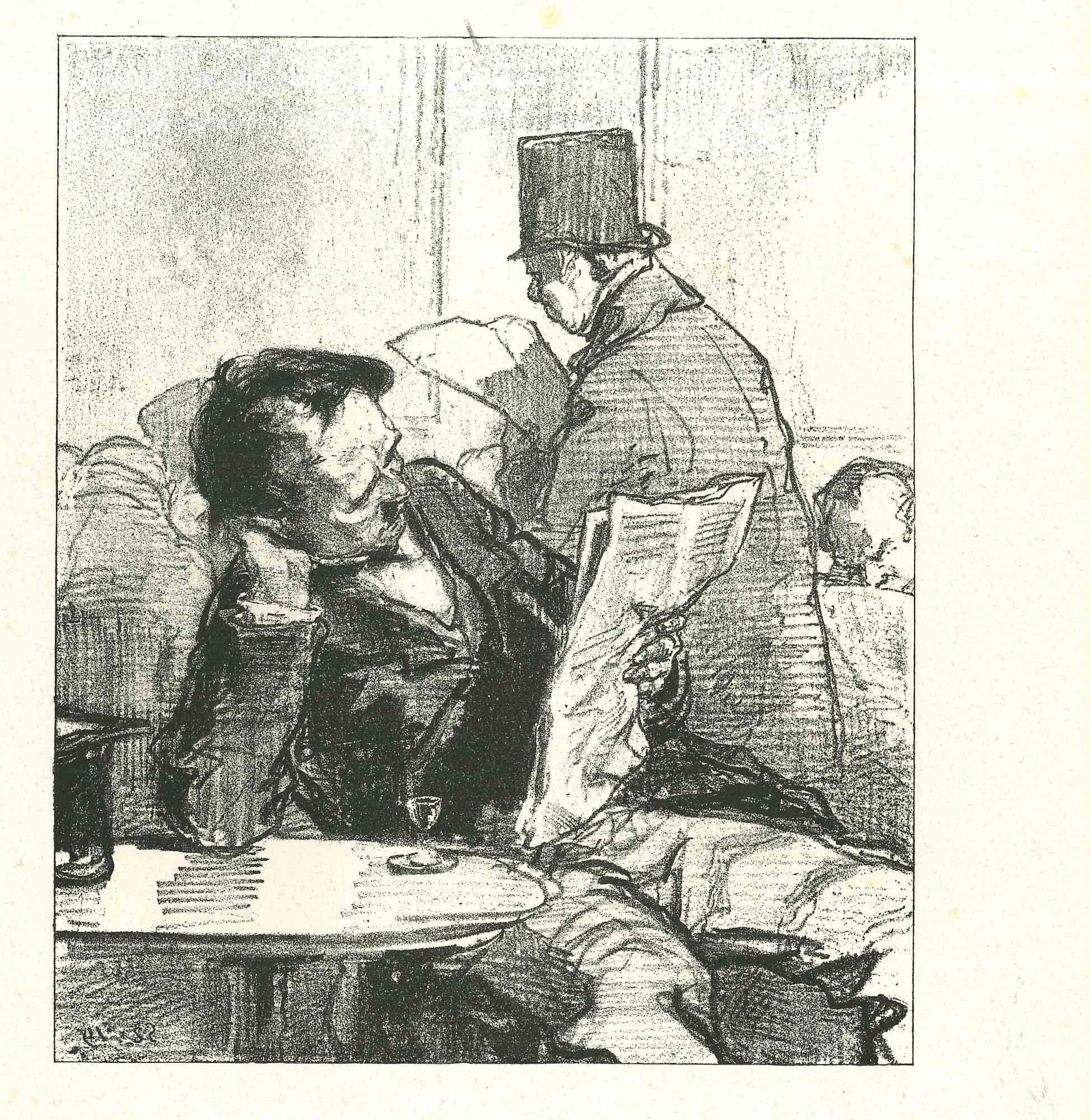 The Men Reading the news is an original lithograph artwork on ivory-colored paper, realized by the French draftsman Paul Gavarni (after) (alias Guillaume Sulpice Chevalier Gavarni, 1804-1866) in Paris, 1881, in the collection of Illustrations for