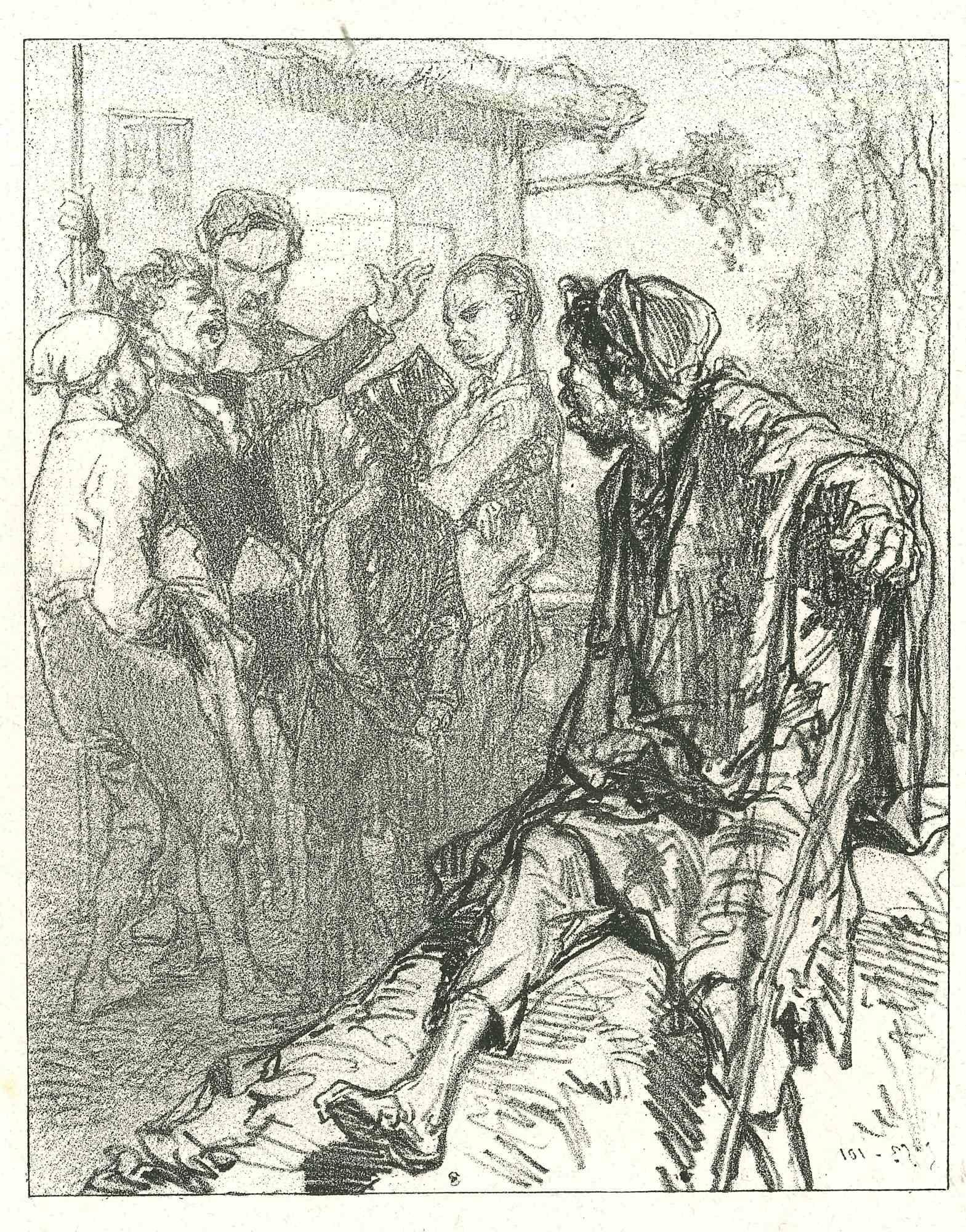 The Misery is an original lithograph artwork on ivory-colored paper, realized by the French draftsman Paul Gavarni (after) (alias Guillaume Sulpice Chevalier Gavarni, 1804-1866) in Paris, 1881, in the collection of Illustrations for "La Mascarade