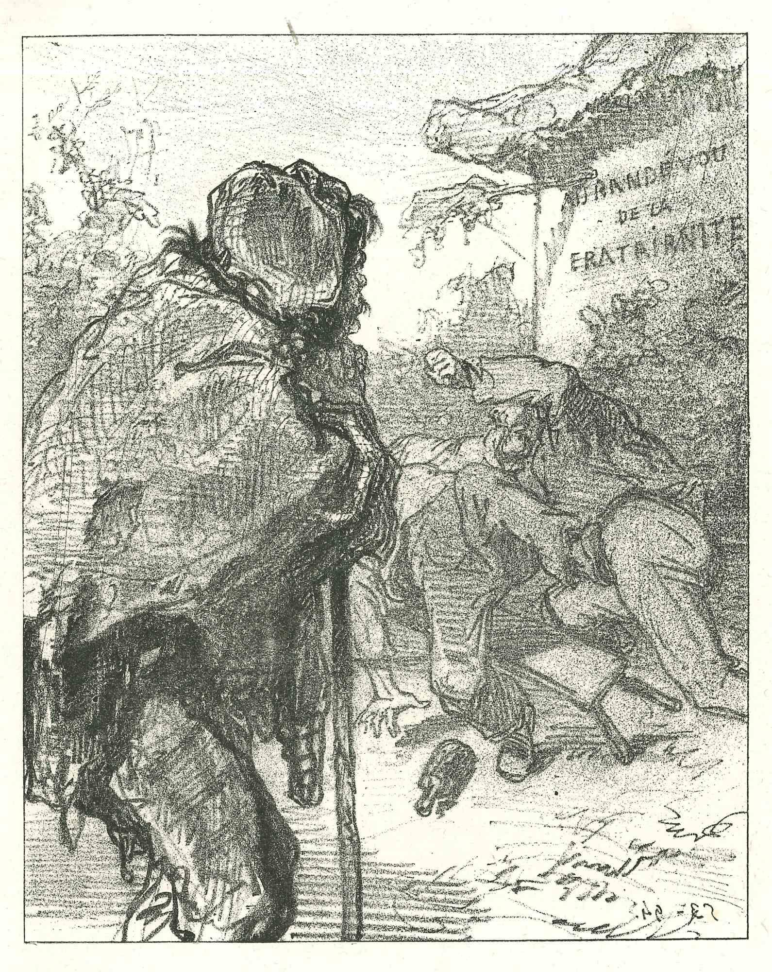 The Misery is an original lithograph artwork on ivory-colored paper, realized by the French draftsman Paul Gavarni (after) (alias Guillaume Sulpice Chevalier Gavarni, 1804-1866) in Paris, 1881, in the collection of Illustrations for "La Mascarade
