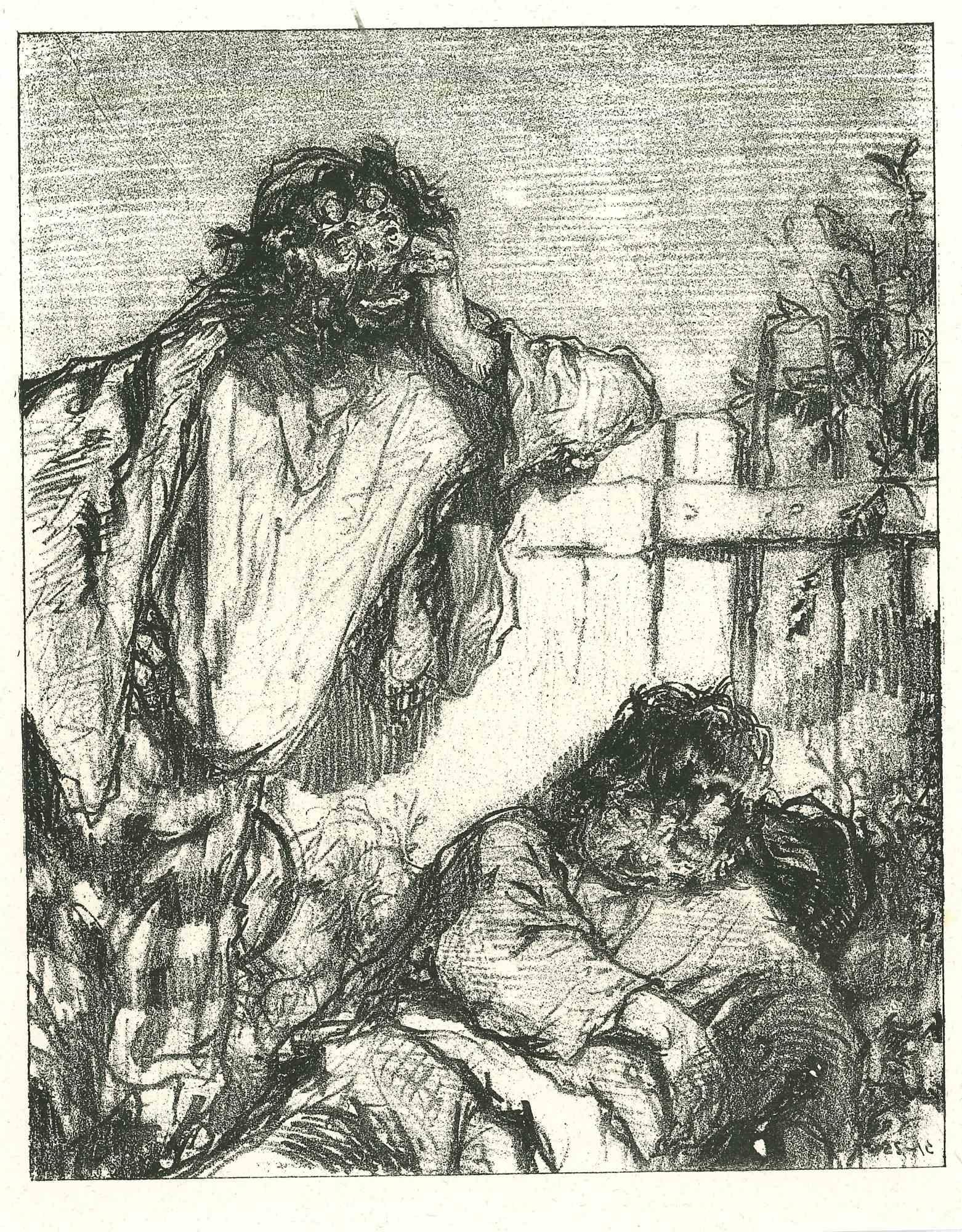 The Misery is an original lithograph artwork on ivory-colored paper, realized by the French draftsman Paul Gavarni (after) (alias Guillaume Sulpice Chevalier Gavarni, 1804-1866) in Paris, 1881, in the collection of Illustrations for "La Mascarade