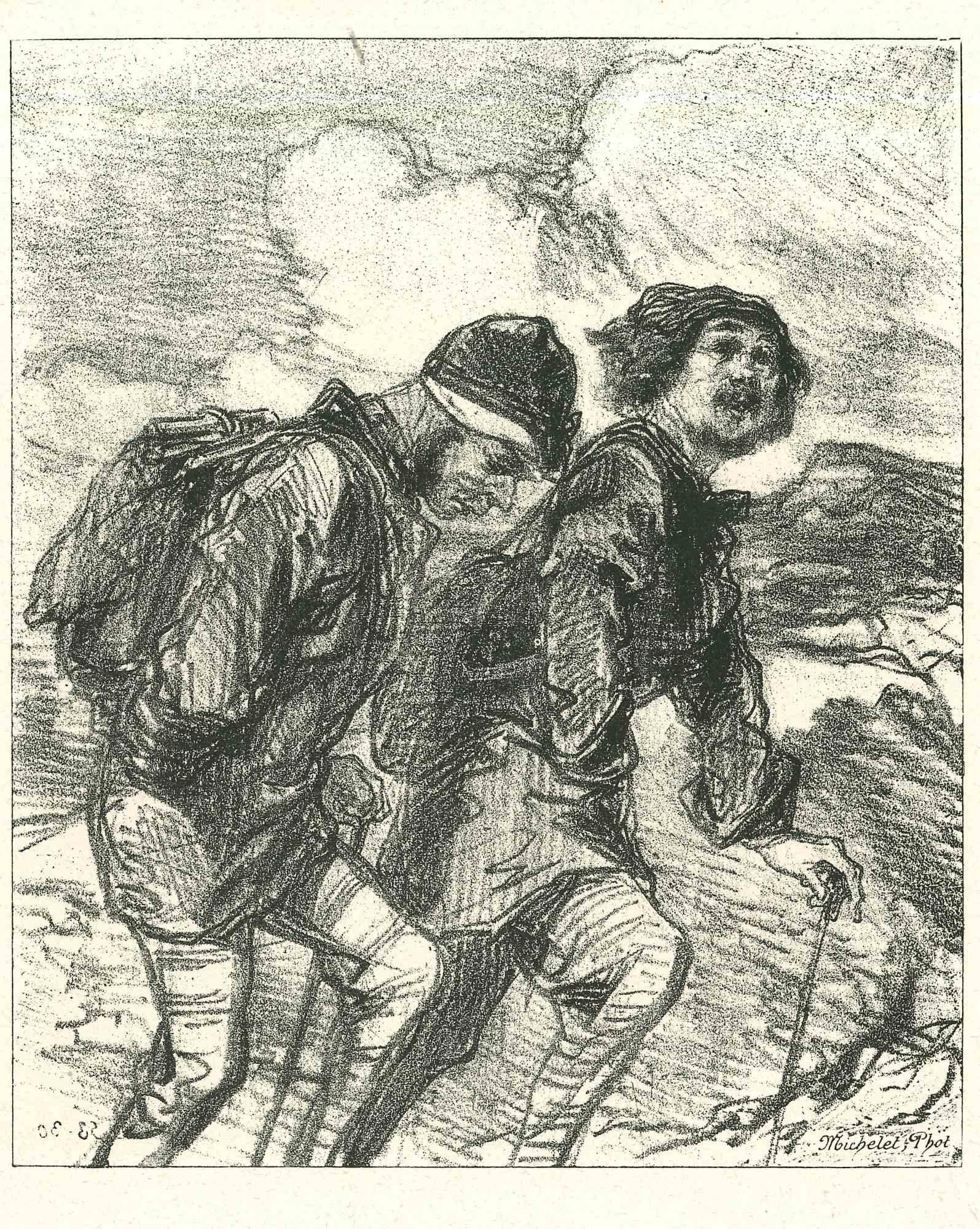 The Mountaineers is an original lithograph on ivory-colored paper, realized by the French draftsman Paul Gavarni (after) (alias Guillaume Sulpice Chevalier Gavarni, 1804-1866) in Paris, 1881, in the collection of Illustrations for "La Mascarade