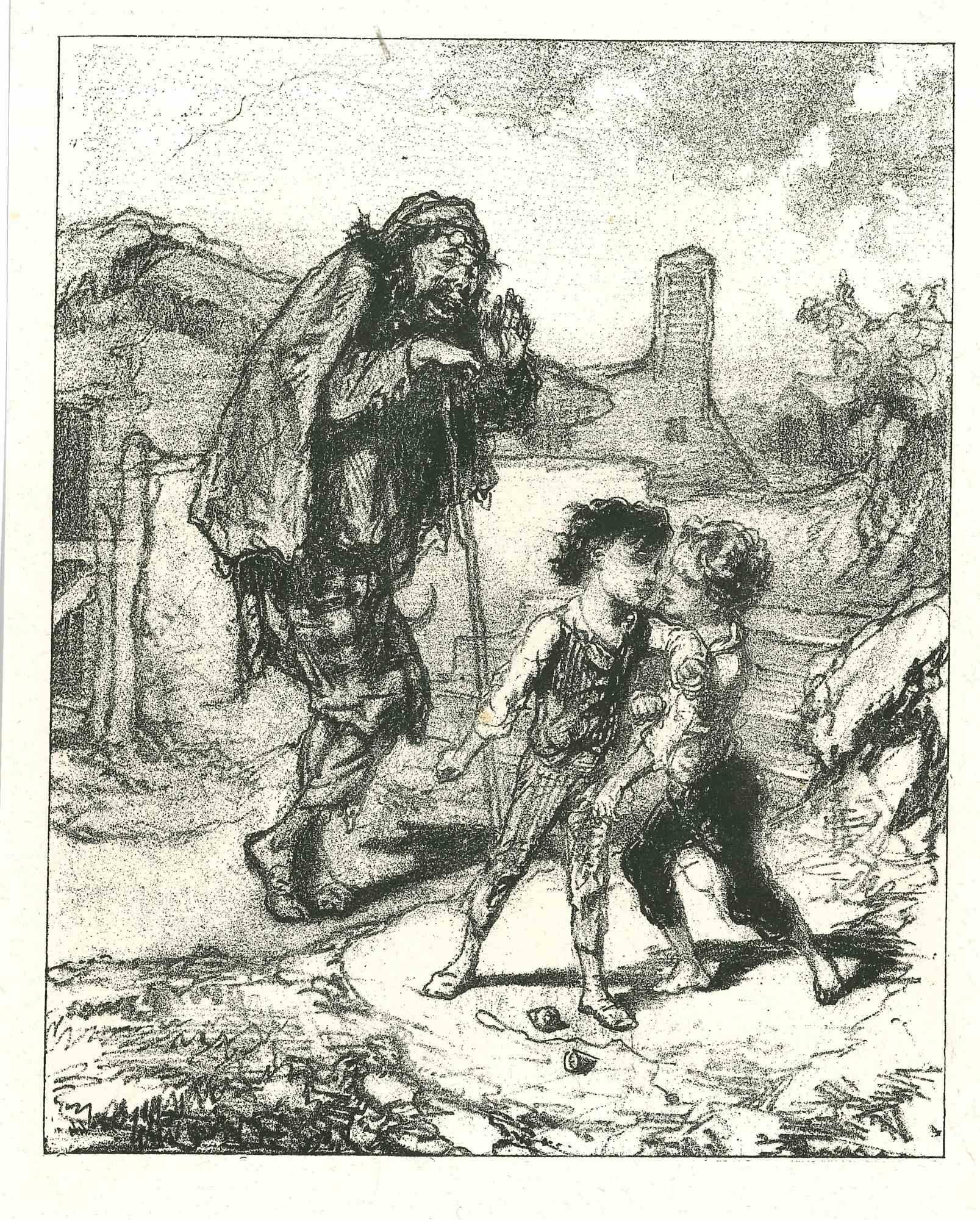 The passenger talking to children is an original lithograph artwork on ivory-colored paper, realized by the French draftsman Paul Gavarni (after) (alias Guillaume Sulpice Chevalier Gavarni, 1804-1866) in Paris, 1881, in the collection of