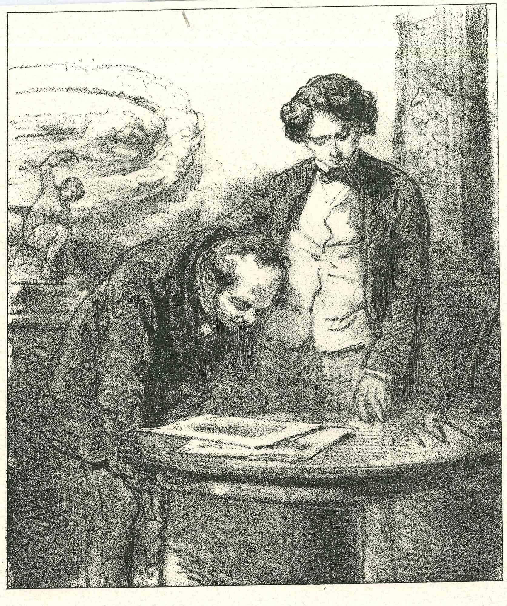 Die lesenden Männer ist eine Original-Lithografie auf elfenbeinfarbenem Papier, die der französische Zeichner Paul Gavarni (nach) (alias Guillaume Sulpice Chevalier Gavarni, 1804-1866) 1881 in Paris in der Sammlung der Illustrationen für "La