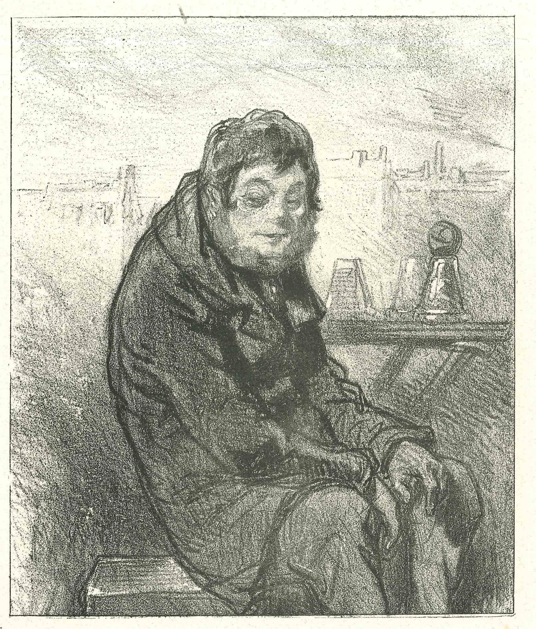 The Solitude is an original lithograph artwork on ivory-colored paper, realized by the French draftsman Paul Gavarni (after) (alias Guillaume Sulpice Chevalier Gavarni, 1804-1866) in Paris, 1881, in the collection of Illustrations for "La Mascarade