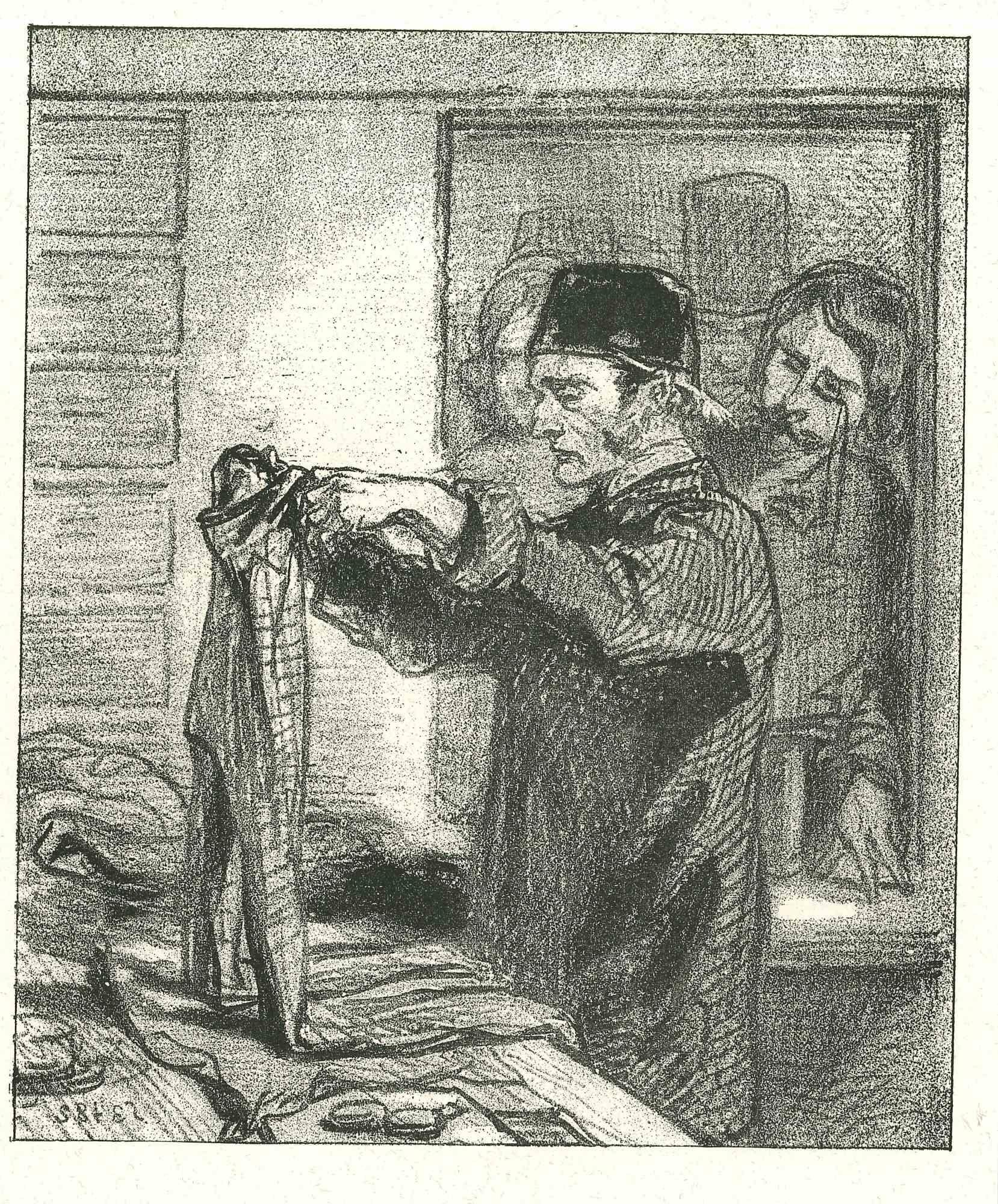 The tailor is an original lithograph artwork on ivory-colored paper, realized by the French draftsman Paul Gavarni (after) (alias Guillaume Sulpice Chevalier Gavarni, 1804-1866) in Paris, 1881, in the collection of Illustrations for "La Mascarade