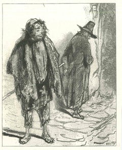 Les vagabonds - Lithographie originale de Paul Gavarni - 1881