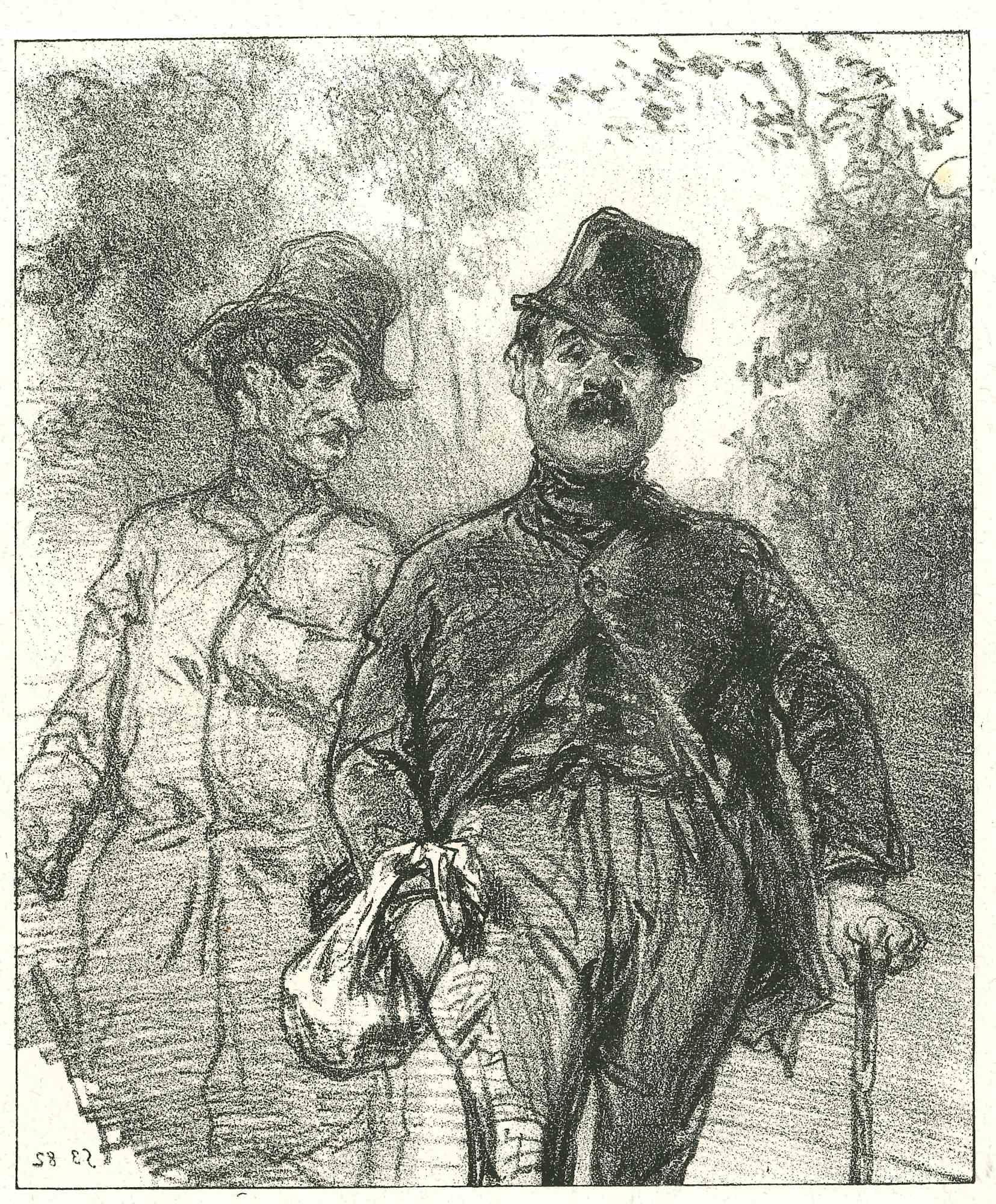 The Walking Men - Original Lithograph by Paul Gavarni - 1881