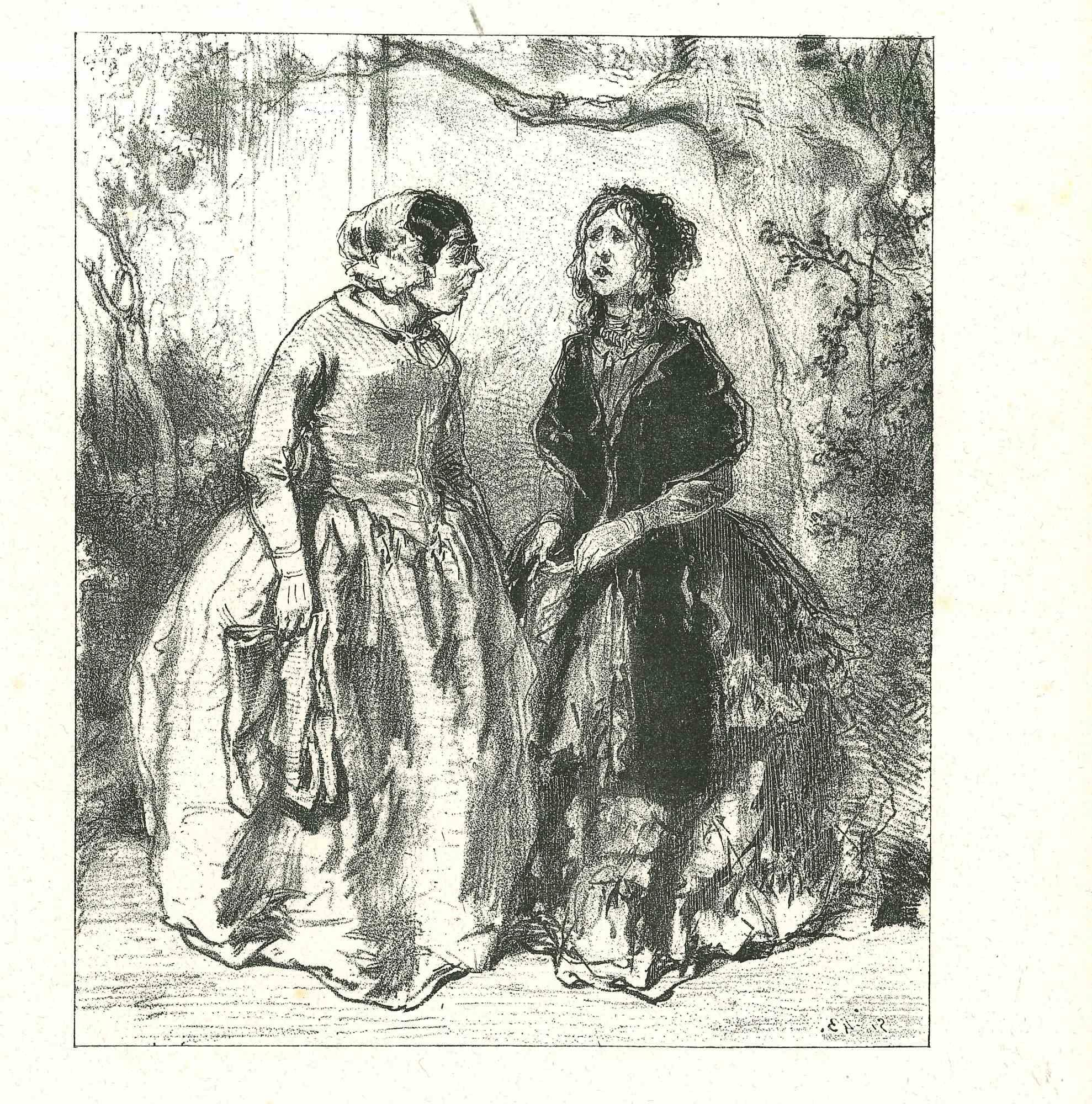 The women in the wood is an original lithograph artwork on ivory-colored paper, realized by the French draftsman Paul Gavarni (after) (alias Guillaume Sulpice Chevalier Gavarni, 1804-1866) in Paris, 1881, in the collection of Illustrations for "La