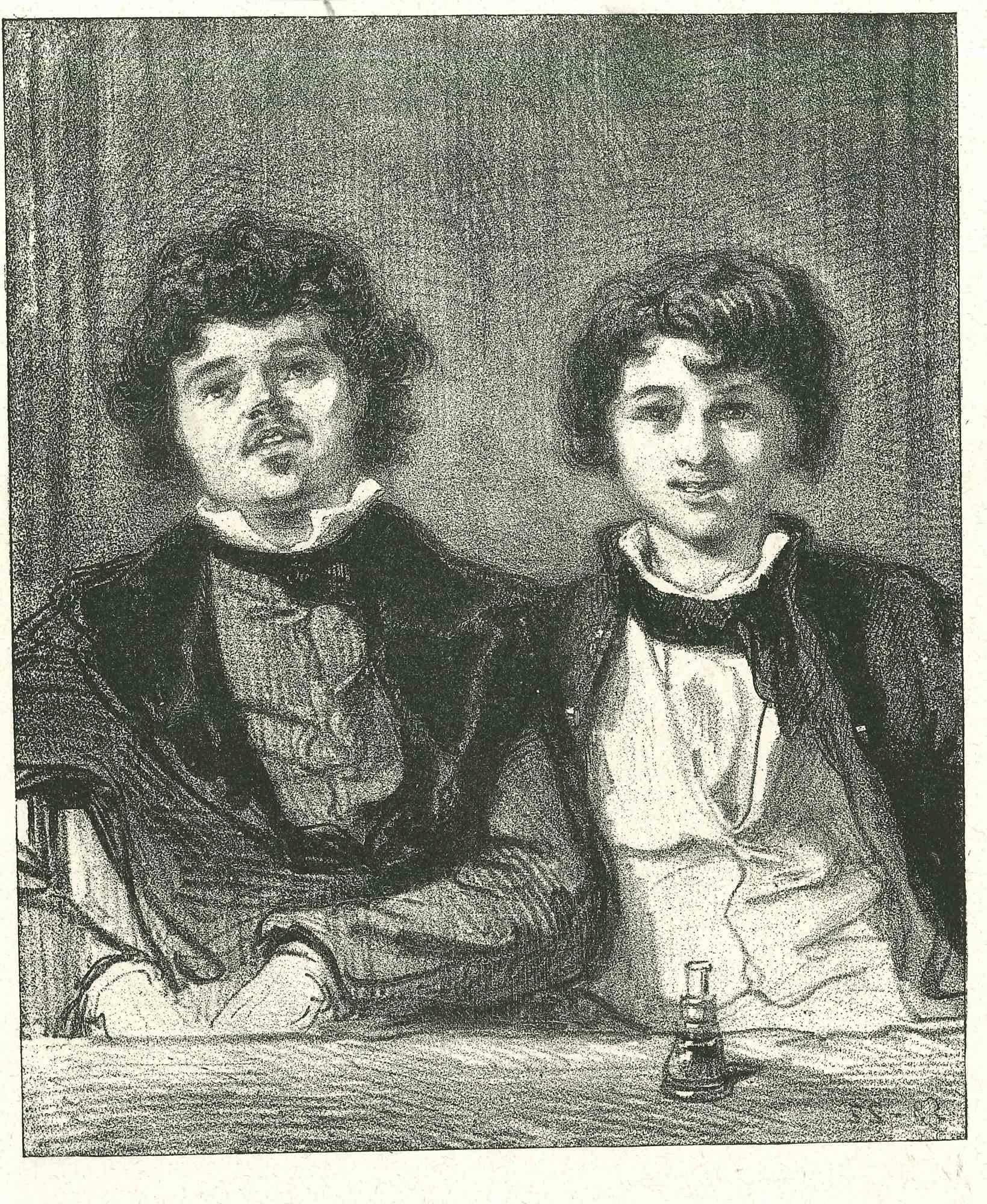 The Young Couple is an original lithograph artwork on ivory-colored paper, realized by the French draftsman Paul Gavarni (after) (alias Guillaume Sulpice Chevalier Gavarni, 1804-1866) in Paris, 1881, in the collection of Illustrations for "La