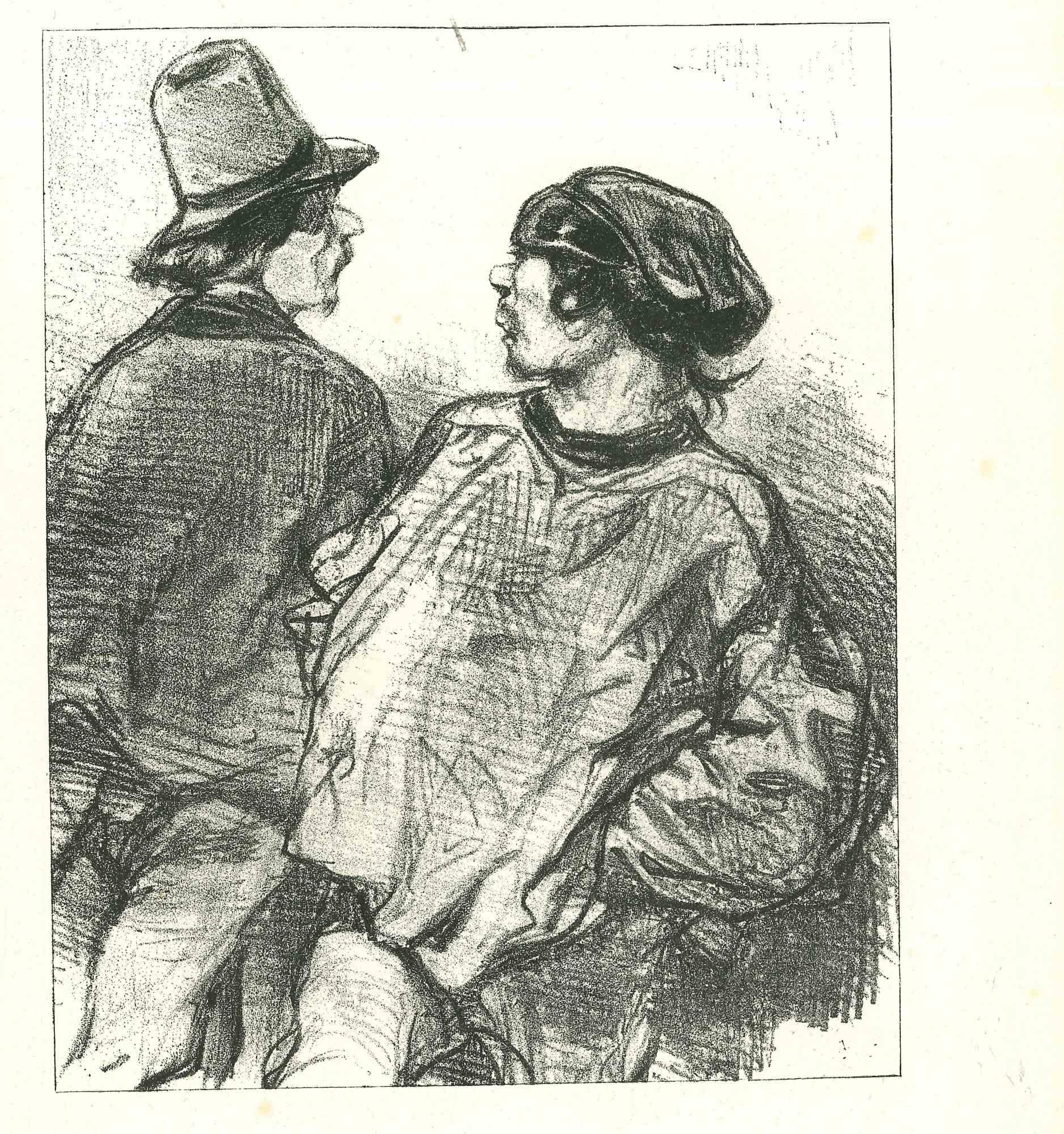 Two men is an original lithograph artwork on ivory-colored paper, realized by the French draftsman Paul Gavarni (after) (alias Guillaume Sulpice Chevalier Gavarni, 1804-1866) in Paris, 1881, in the collection of Illustrations for "La Mascarade