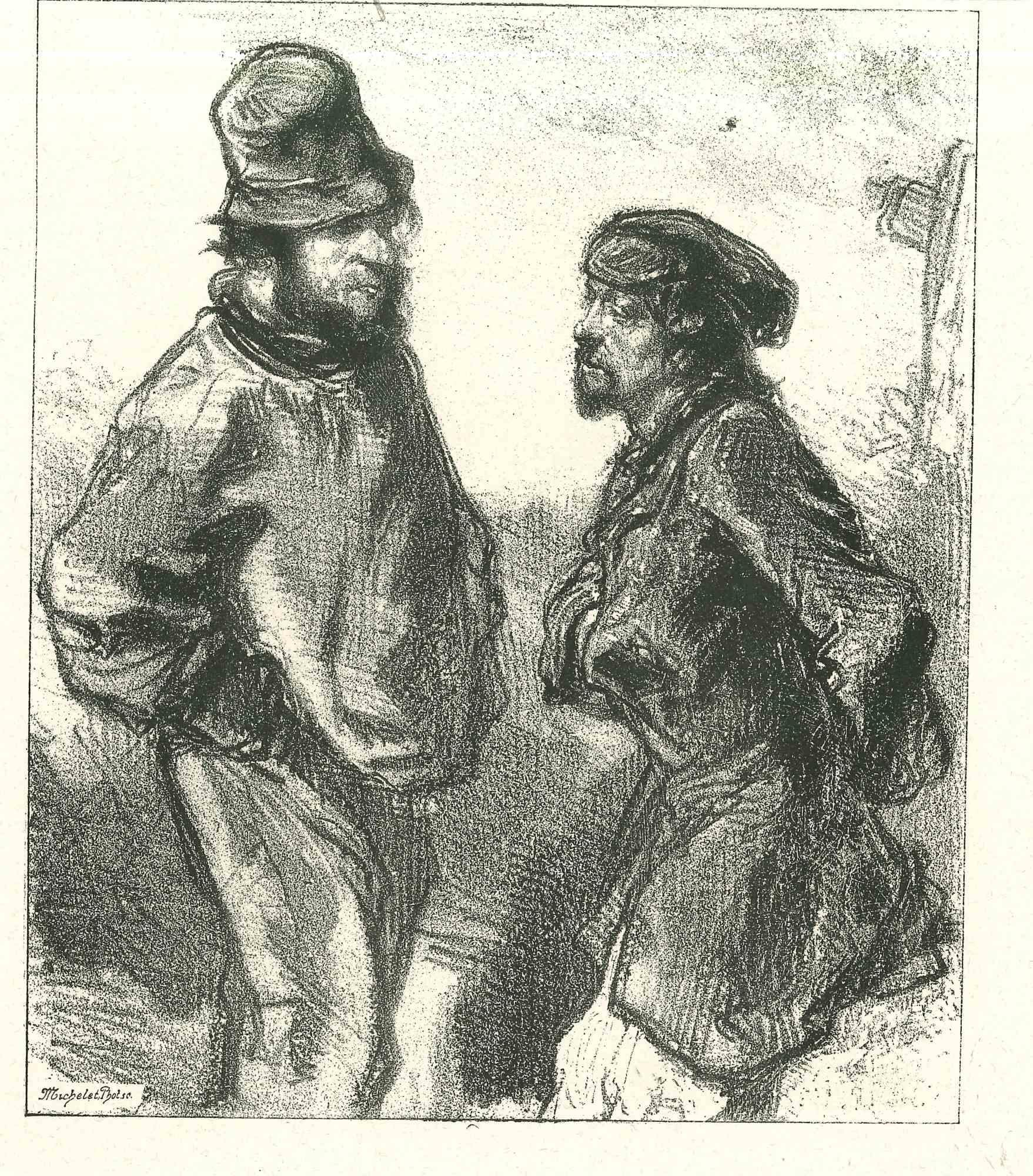 Two men is an original lithograph artwork on ivory-colored paper, realized by the French draftsman Paul Gavarni (after) (alias Guillaume Sulpice Chevalier Gavarni, 1804-1866) in Paris, 1881, in the collection of Illustrations for "La Mascarade