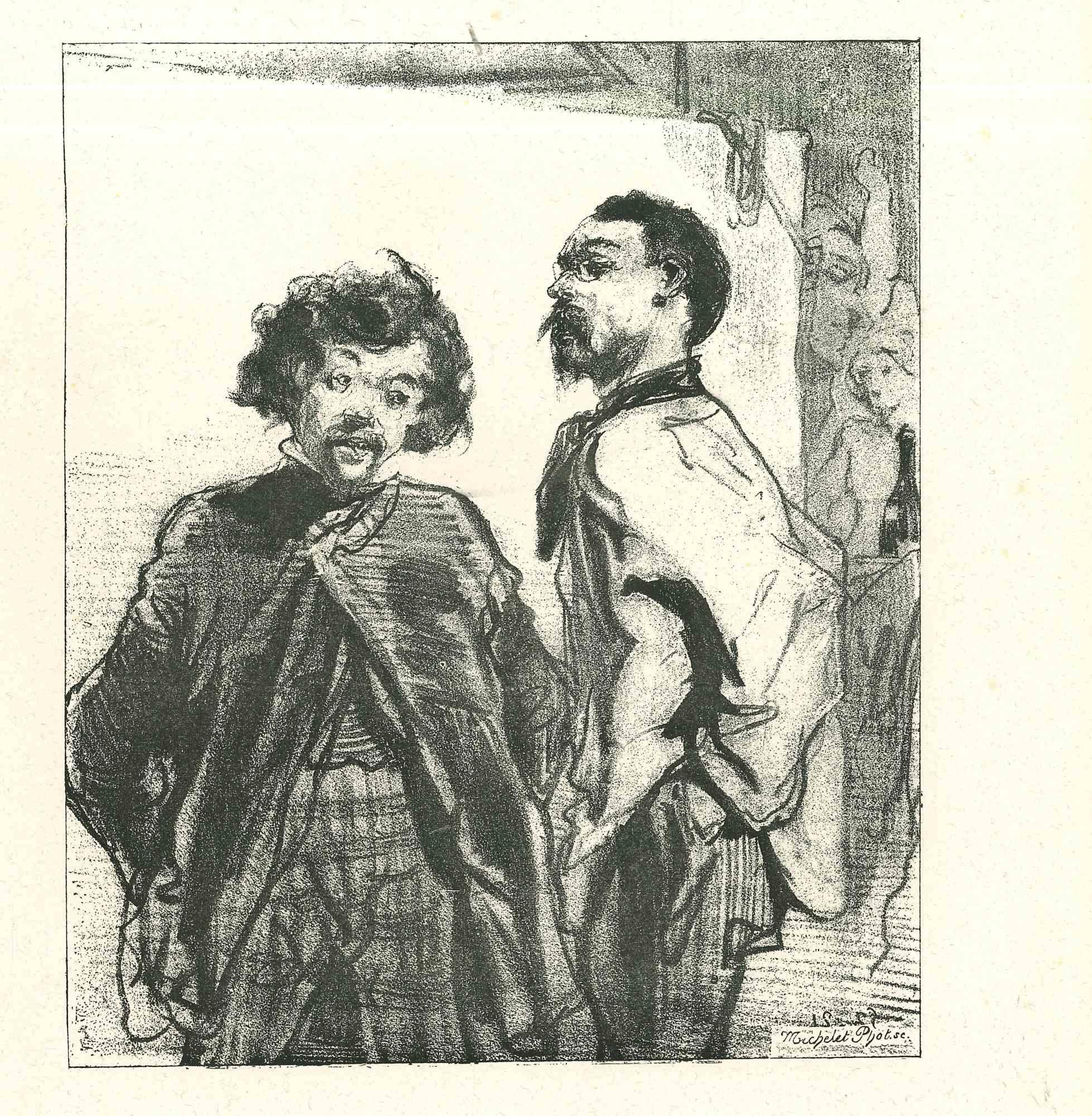 Due uomini - Litografia originale di Paul Gavarni - 1881