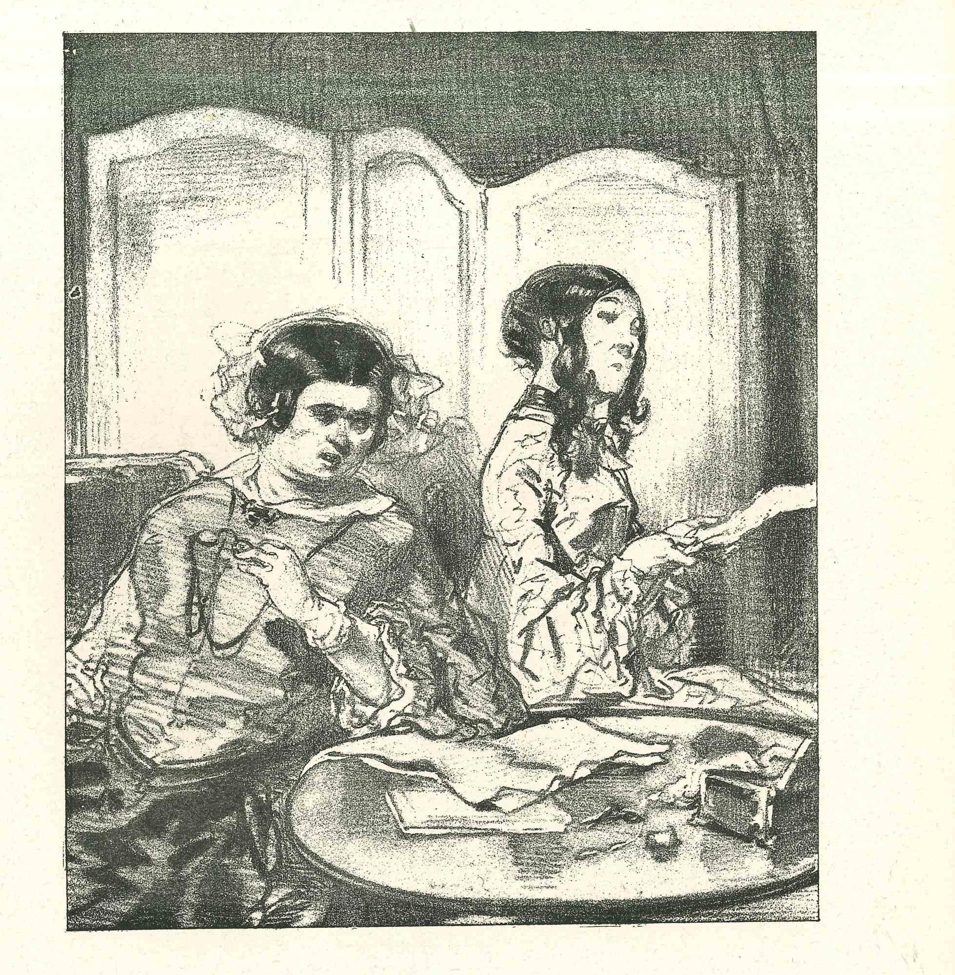 Women over the table is an original lithograph artwork on ivory-colored paper, realized by the French draftsman Paul Gavarni (after) (alias Guillaume Sulpice Chevalier Gavarni, 1804-1866) in Paris, 1881, in the collection of Illustrations for "La