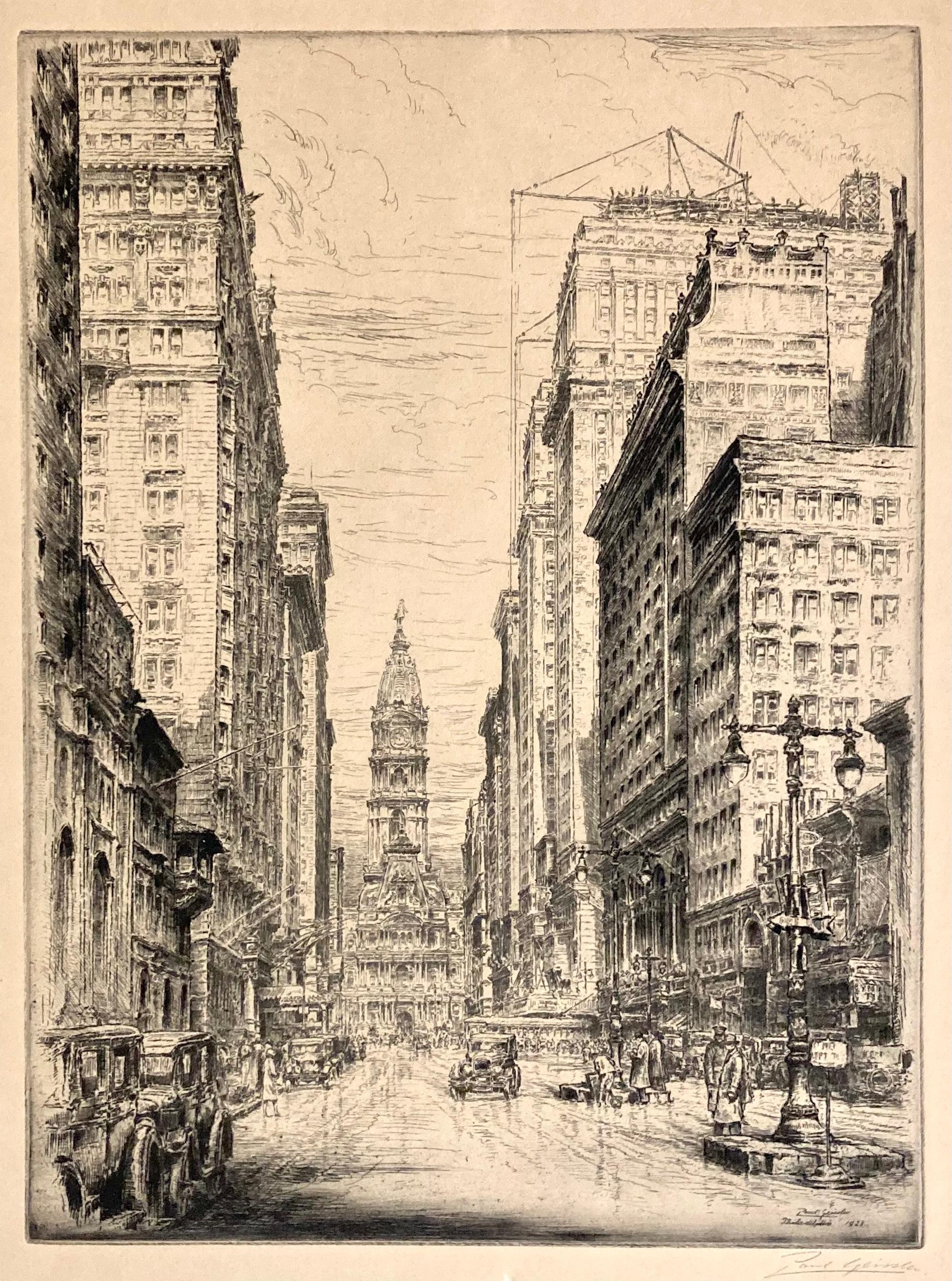 Paul Geissler's view of downtown Philadelphia features it's wonderful city hall. Philadelphia is gifted with an actual plan and the city hall itself is a focal point of the entire area. Geissler gives us a view through a wide boulevard -- maybe