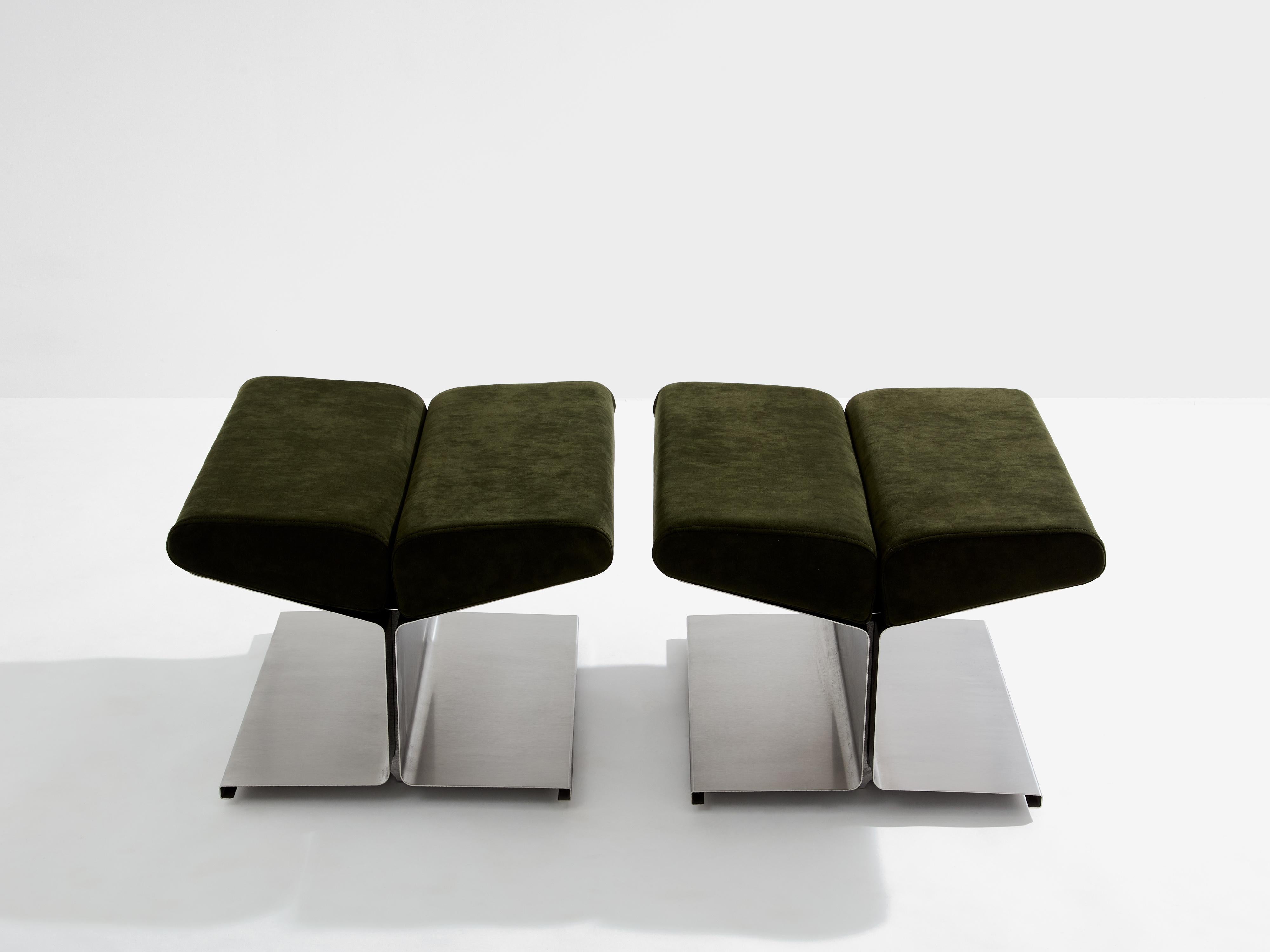 This pair of stainless steel ottomans from the 1970s era was designed by Paul Geoffroy and manufactured by Uginox from 1972 to 1979, and it almost looks as though it hasn’t been touched since then. The round shapes with sharp assembly, combined with