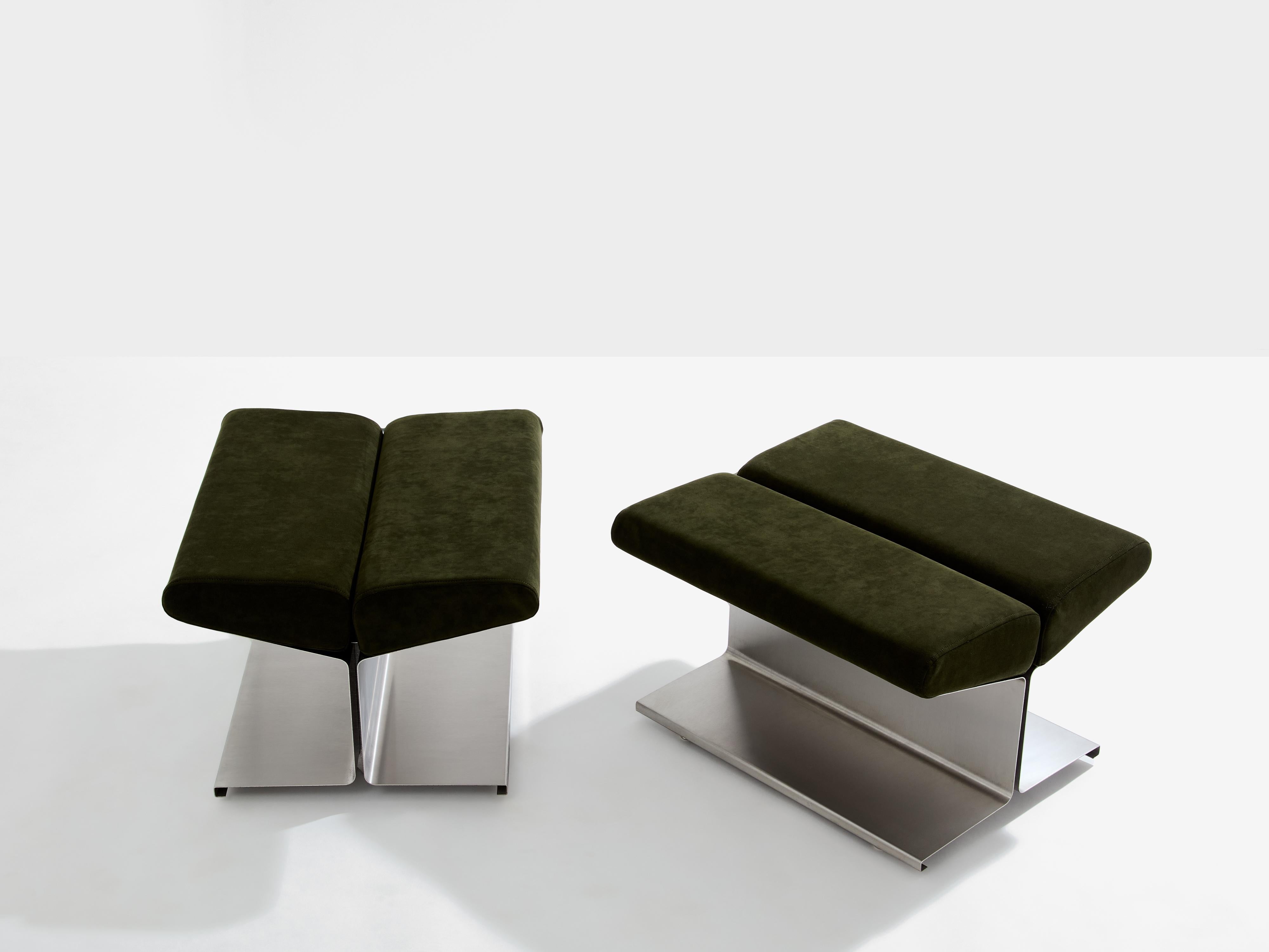 Mid-Century Modern Paul Geoffroy for Uginox stainless steel alcantara ottomans 1975 For Sale