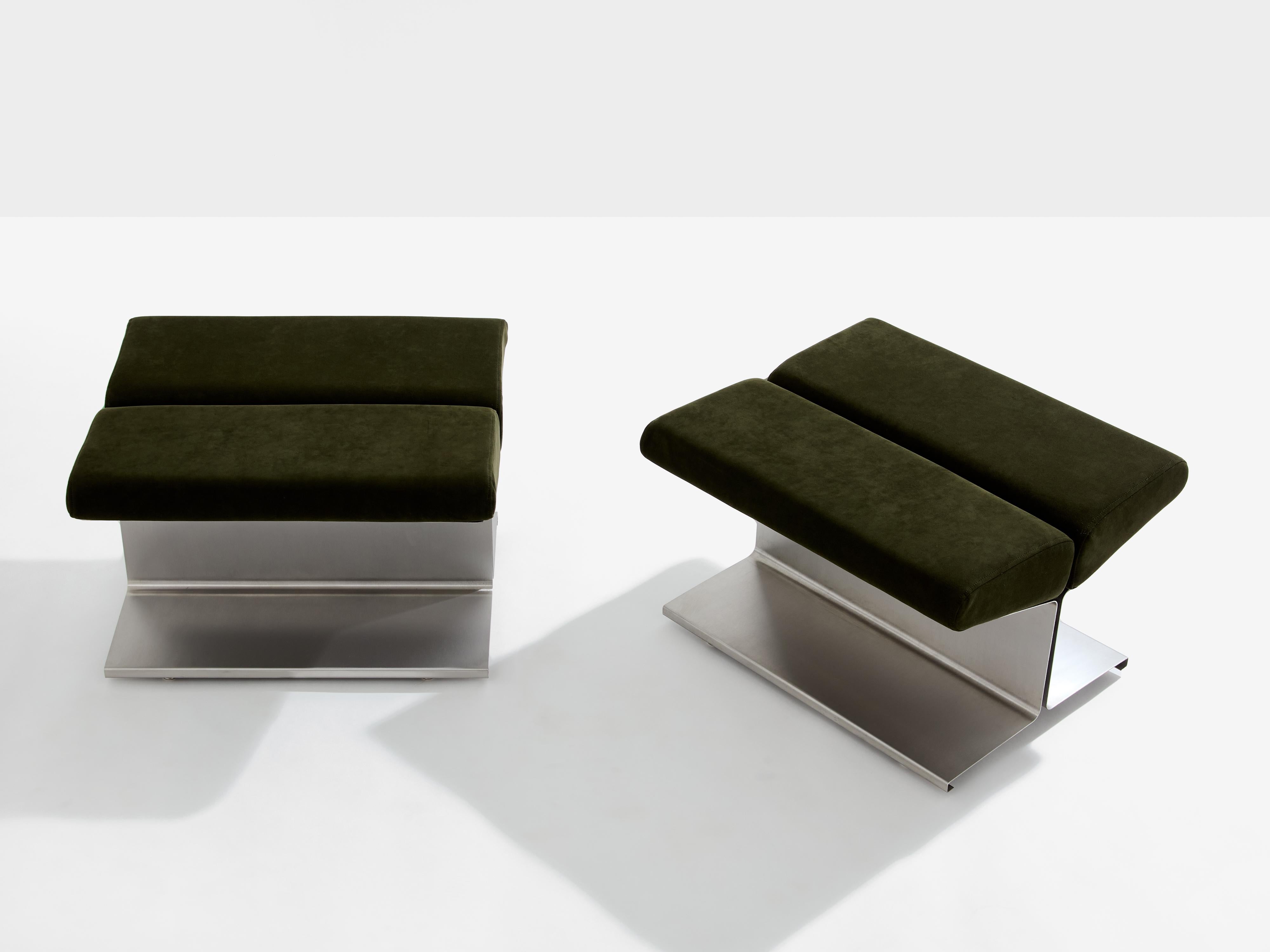 French Paul Geoffroy for Uginox stainless steel alcantara ottomans 1975 For Sale