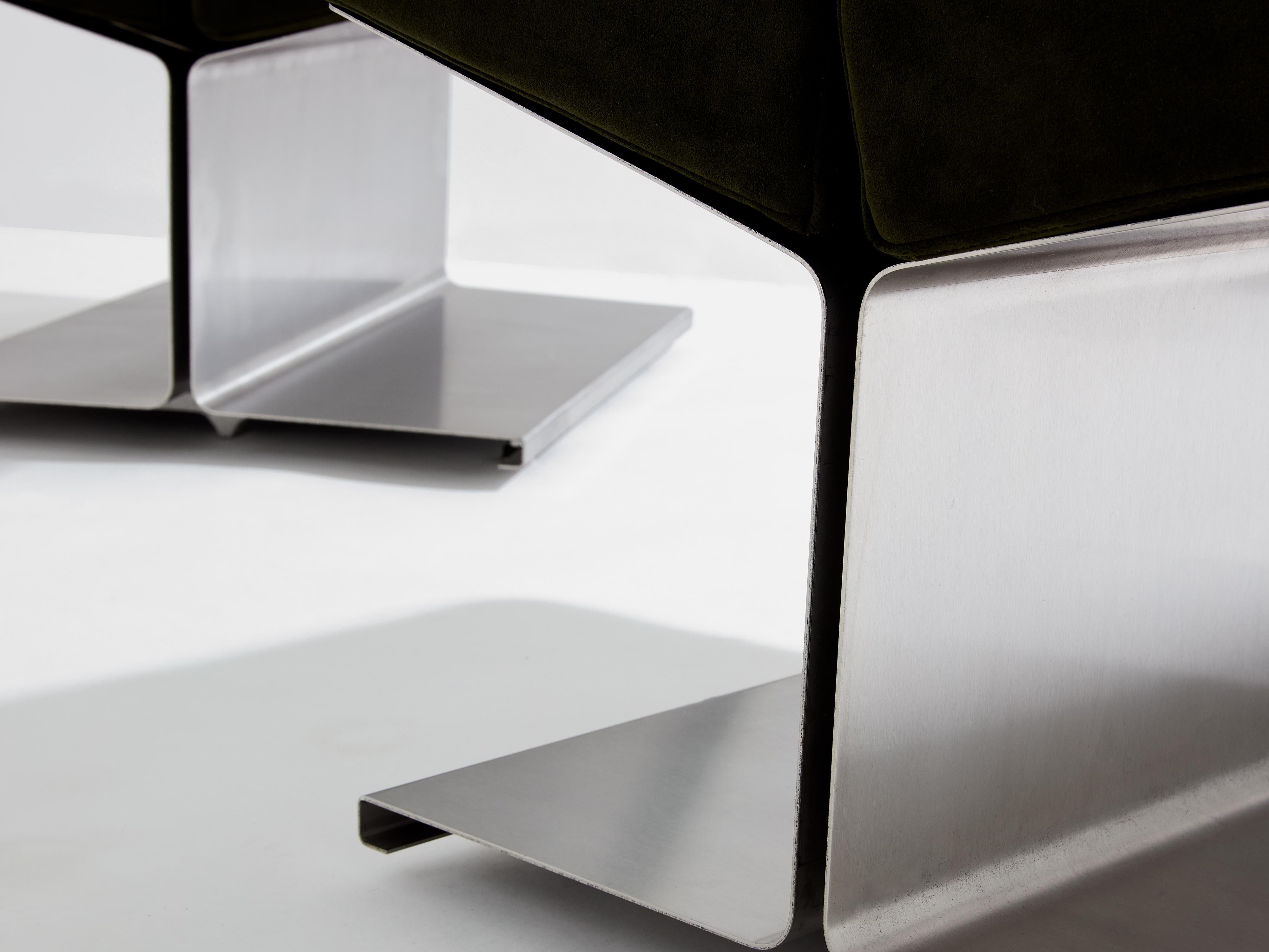 Stainless Steel Paul Geoffroy for Uginox stainless steel alcantara ottomans 1975 For Sale
