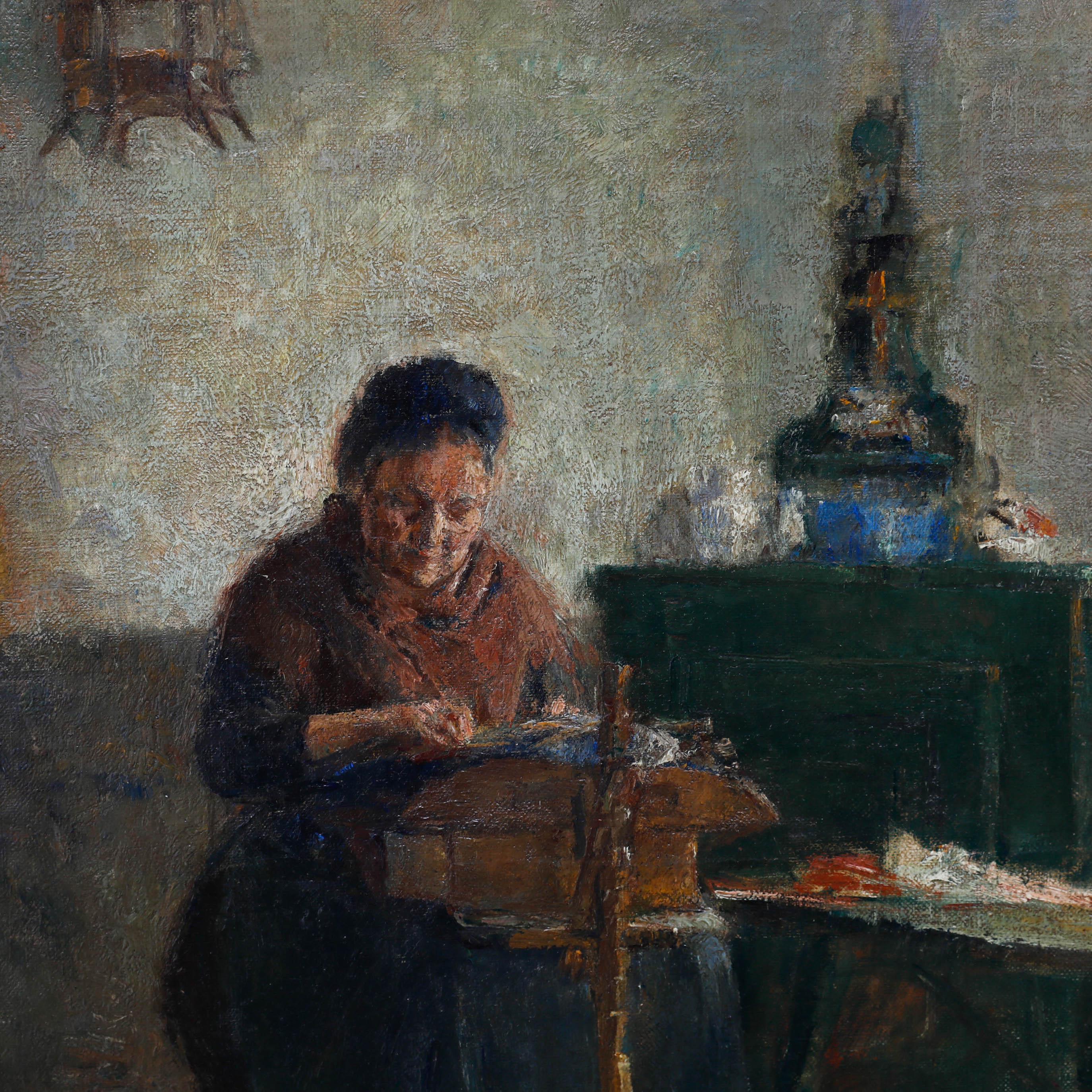 Niederländisches Ölgemälde von Paul George, The Lacemaker, frühes 20. Jahrhundert (Braun), Portrait Painting, von Paul George Lawler