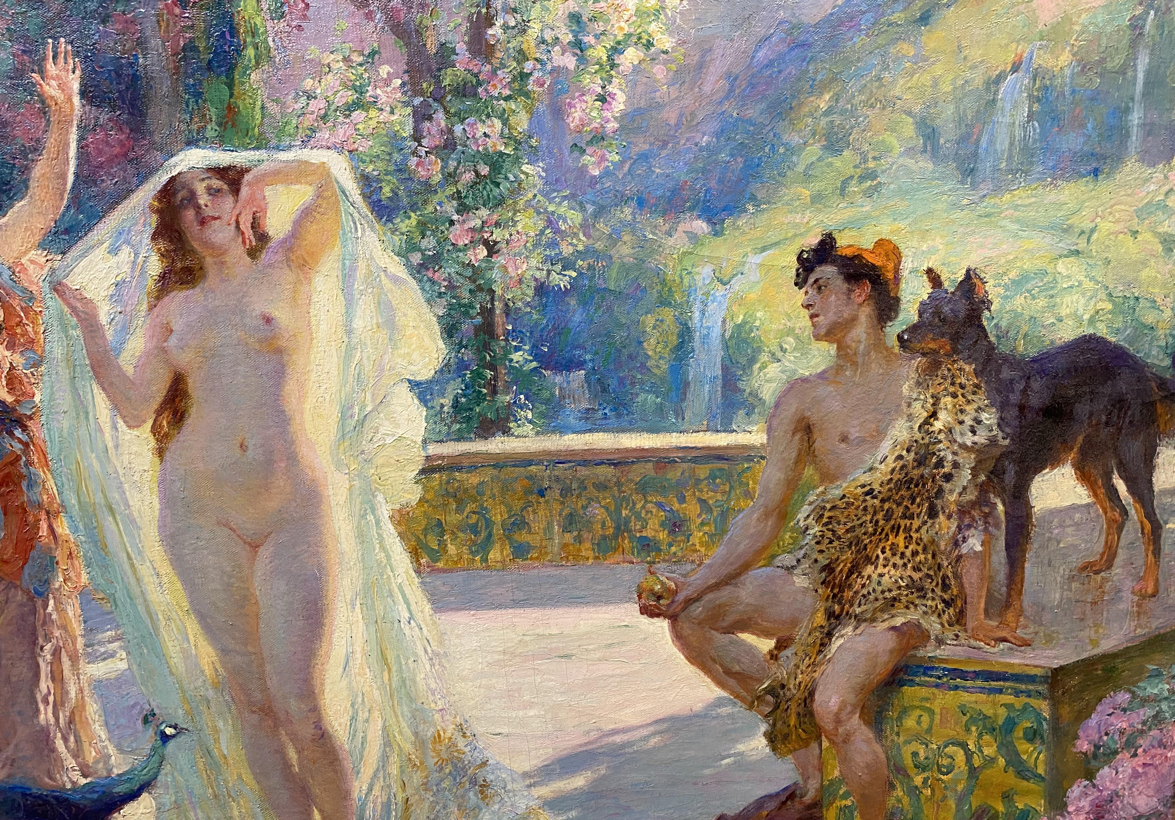A colorful allegorical painting of a genre scene with nudes by French artist Paul Jean Louis Gervais (1859-1936). Gervais was born in Paris, studied at the École des Beaux Arts in Toulouse and Paris under Jean-Léon Gérôme and Gabriel Ferrier, and