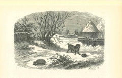 Le hibou et le chien à l'hiver de  Village - Lithographie de Paul Gervais - 1854