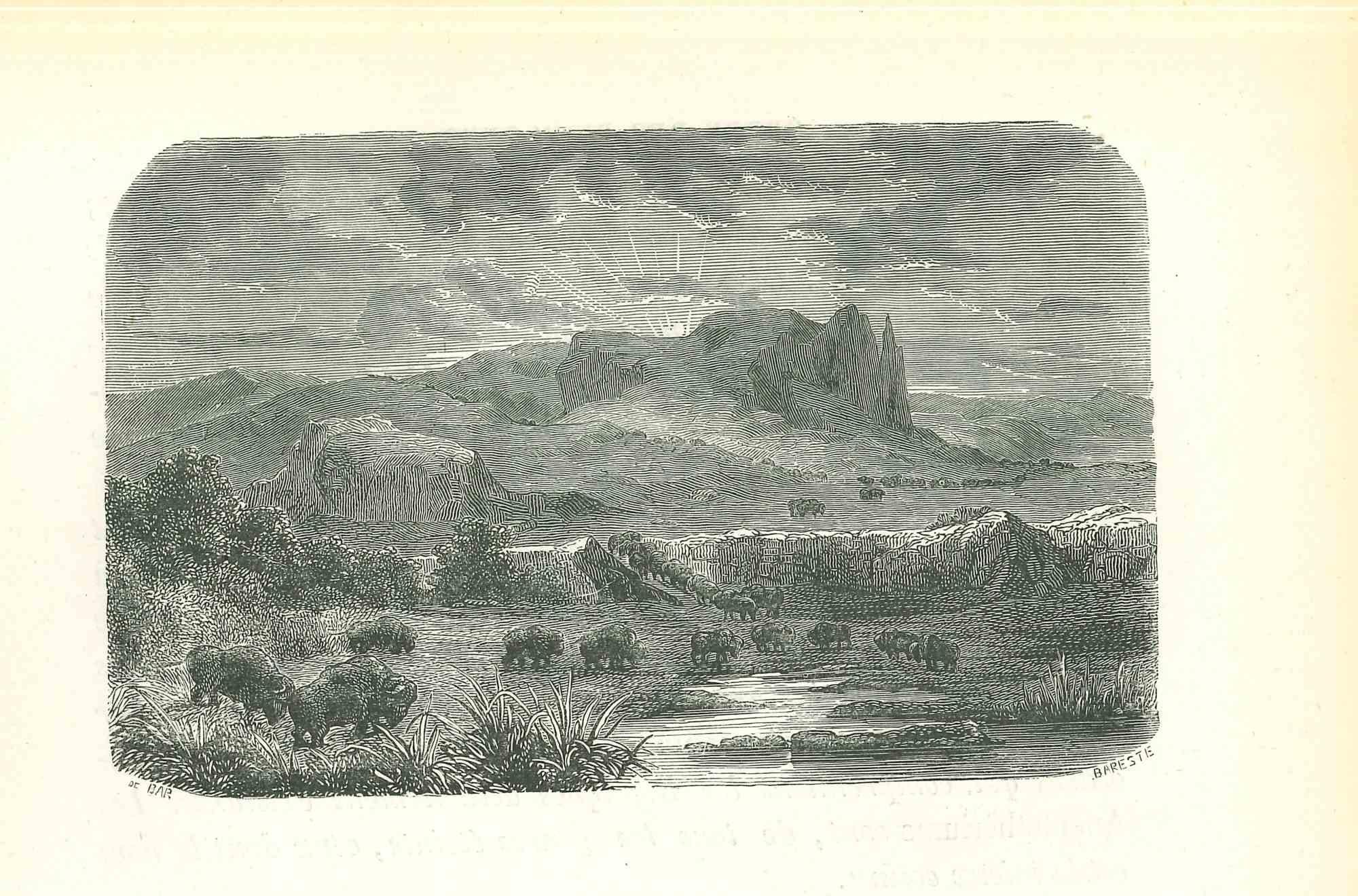 Paul Gervais  Figurative Print – The Terrain – Originallithographie von Paul Gervais, 1854