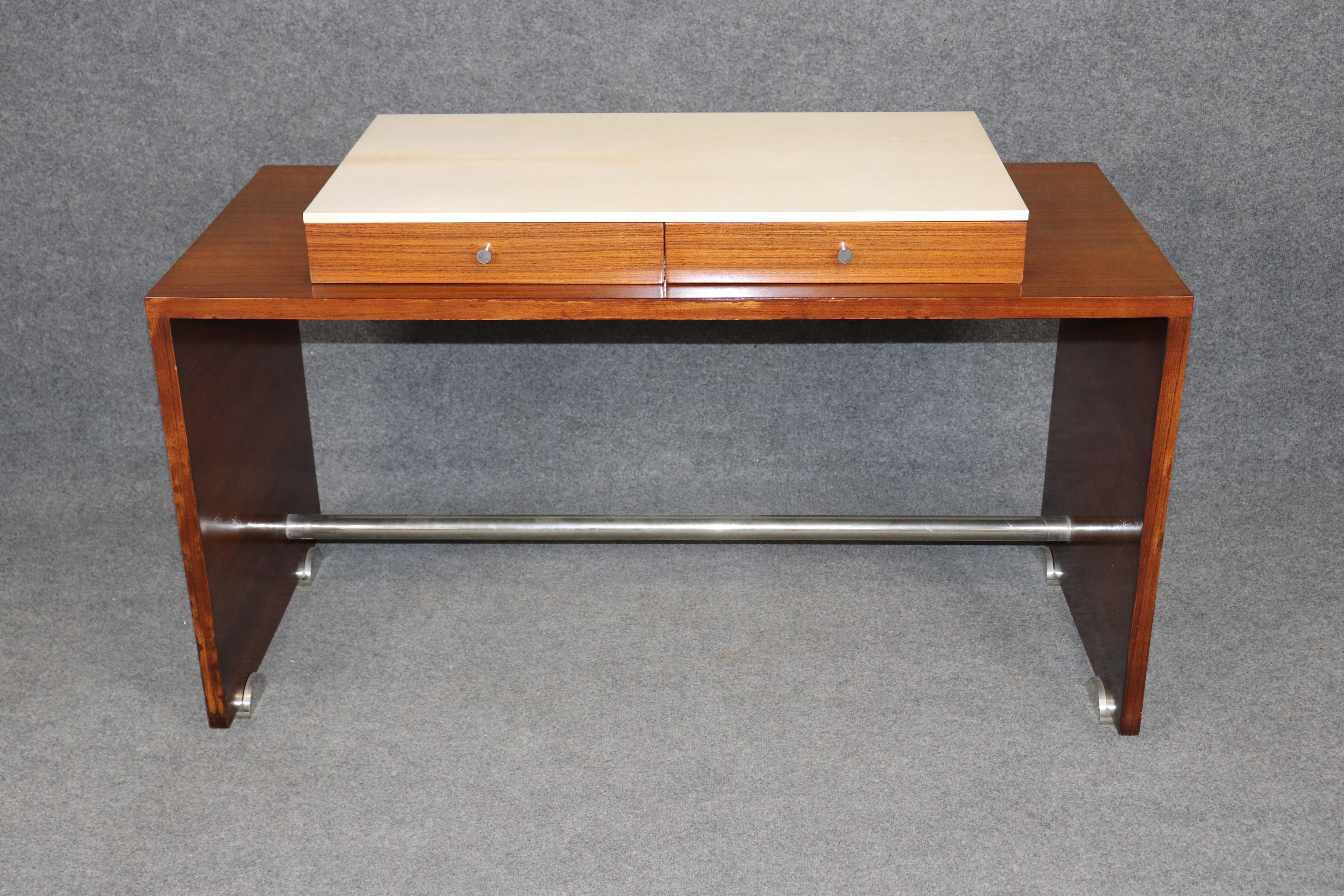 French Paul Giordano Rosewood and Faux Parchment Steel Art Deco Style Console Table For Sale