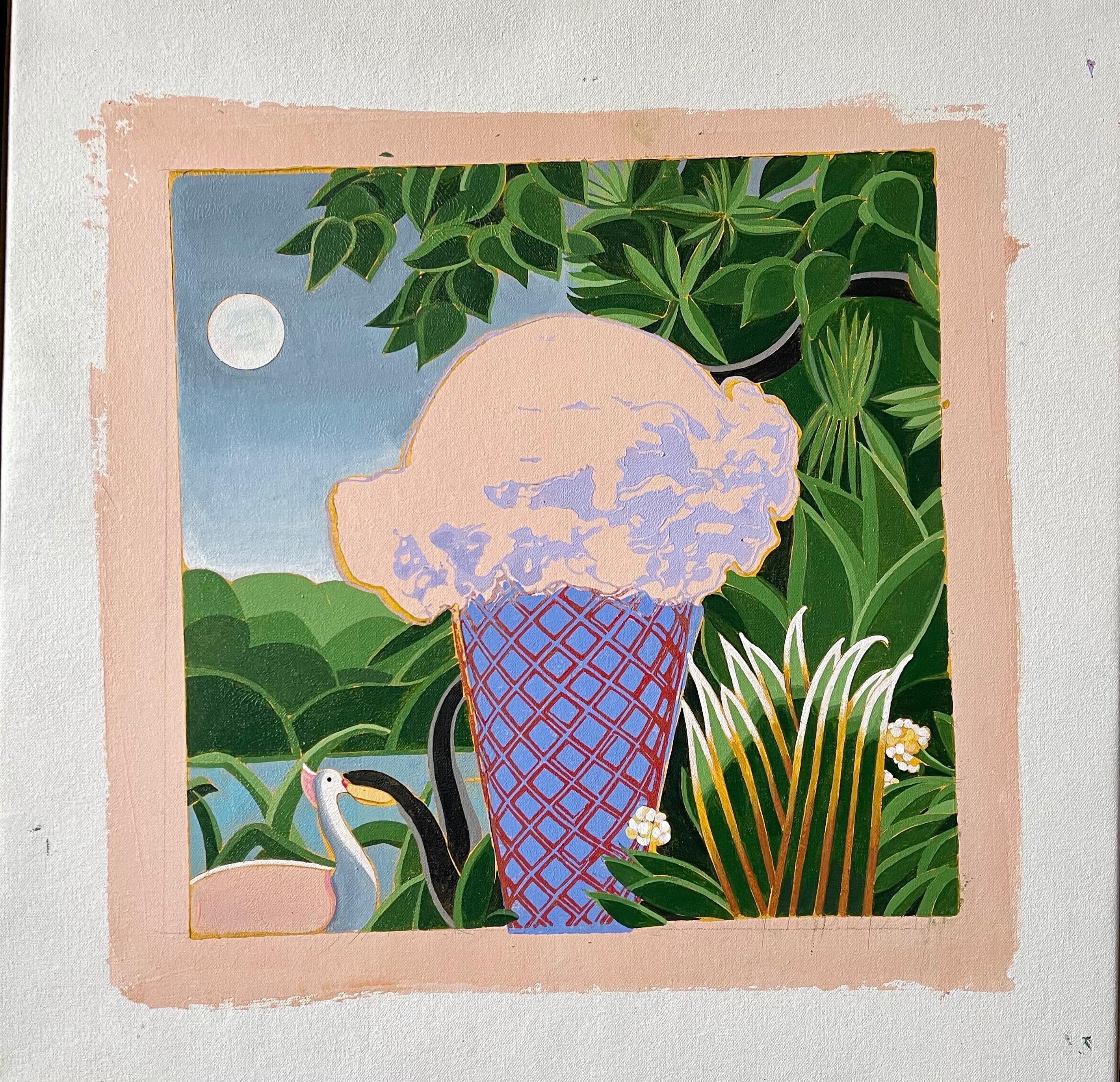 Paul A. Giovanopoulos 
Oil paintings on canvas 
Measures approx. 23 X 23 overall including thin frame.
This one depicts an ice cream done in a photo realism pop art style super imposed over a Naive, Primitive, Henri Rousseau Painting.
This is one of