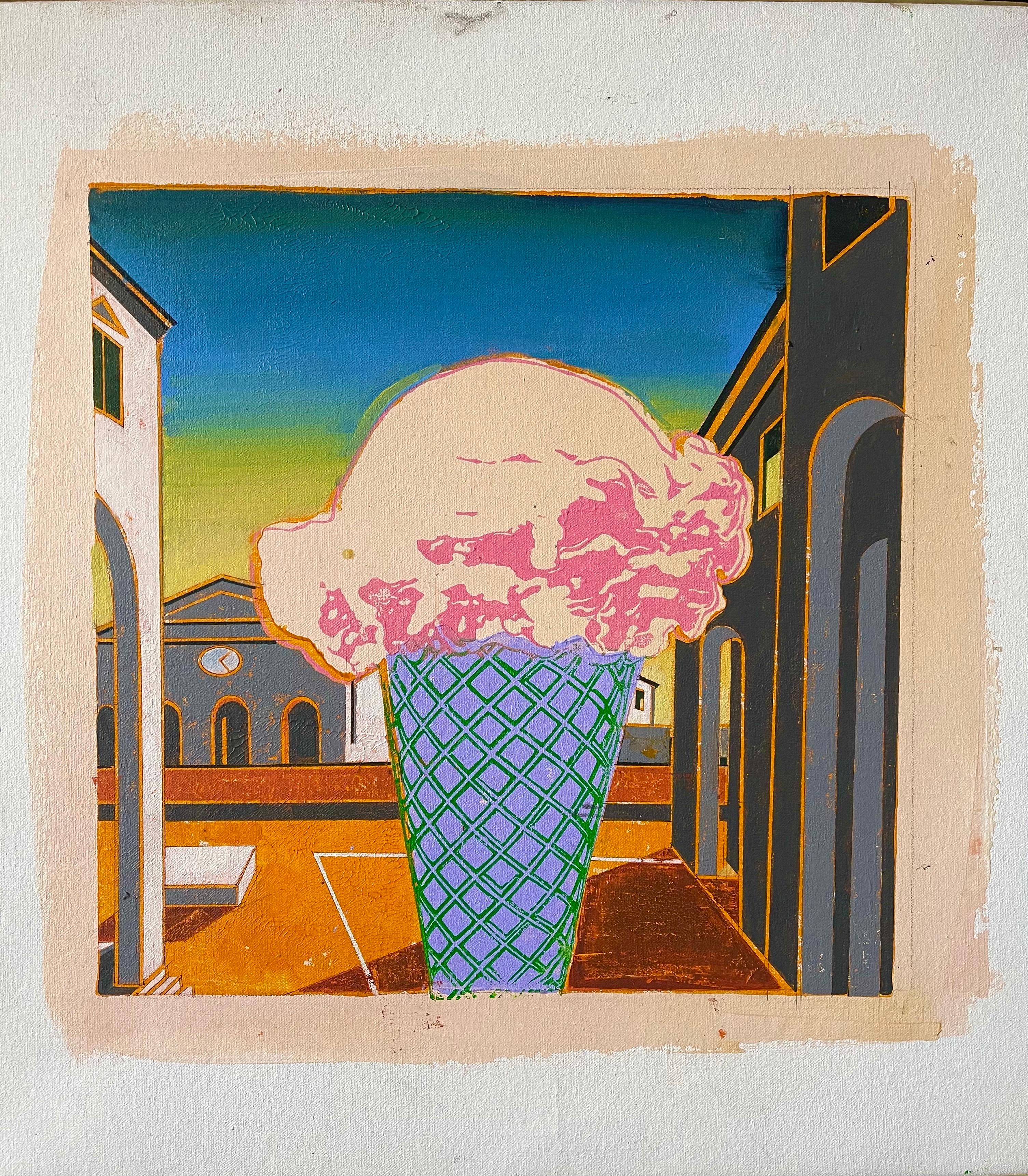 Paul A. Giovanopoulos 
Oil paintings on canvas 
Measures approx. 23 X 23 overall including thin frame.
This one depicts an ice cream done in a photo realism pop art style super imposed over a surrealist Giorgio di Chirico Surrealist Painting.
This