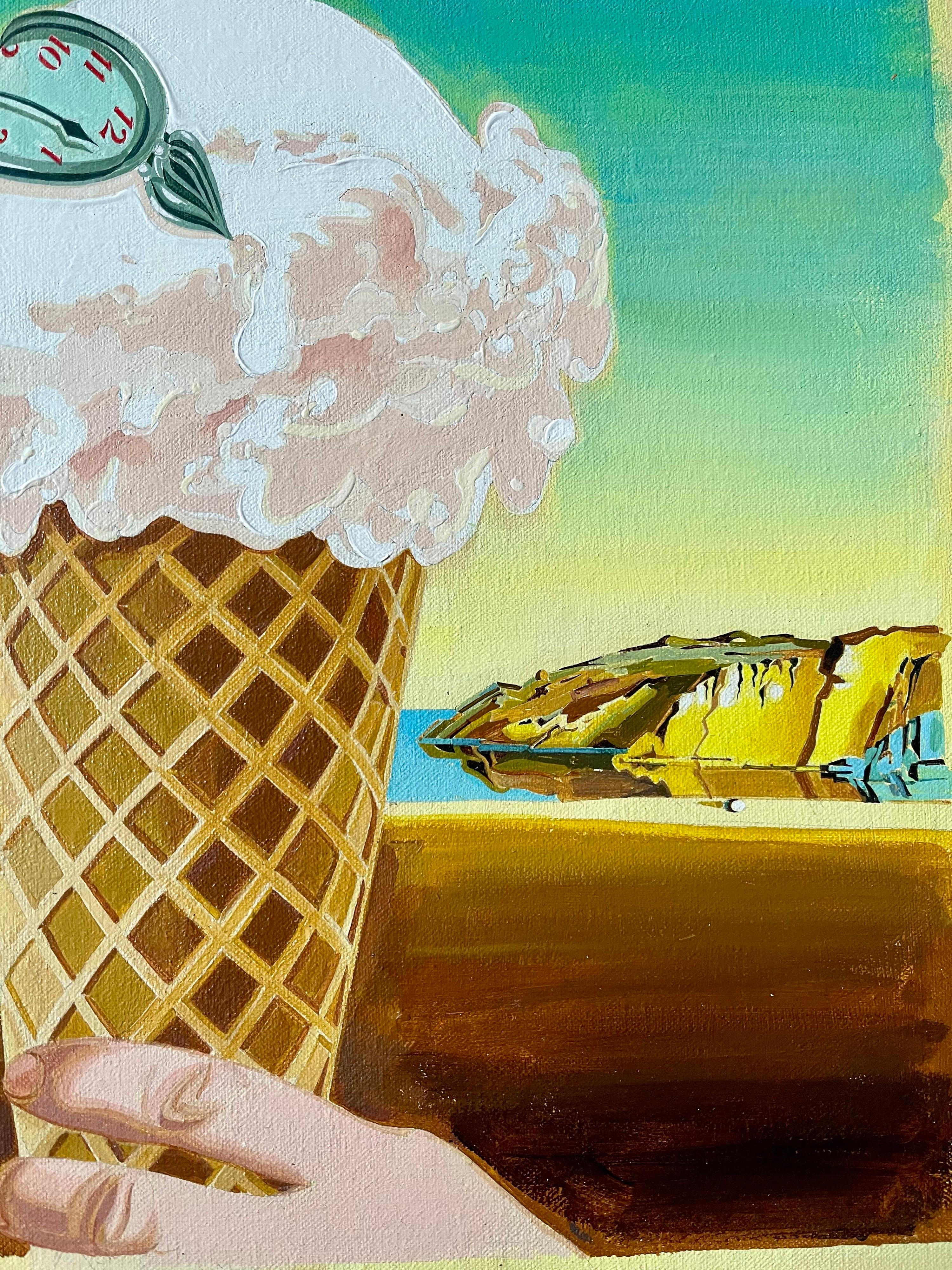 Paul A. Giovanopoulos 
Oil paintings on  canvas 
Measures approx. 23 X 23 overall including thin frame.
This one depicts an ice cream done in a photo realism pop art style super imposed over a surrealist Salvador Dali melting clock Painting. This is