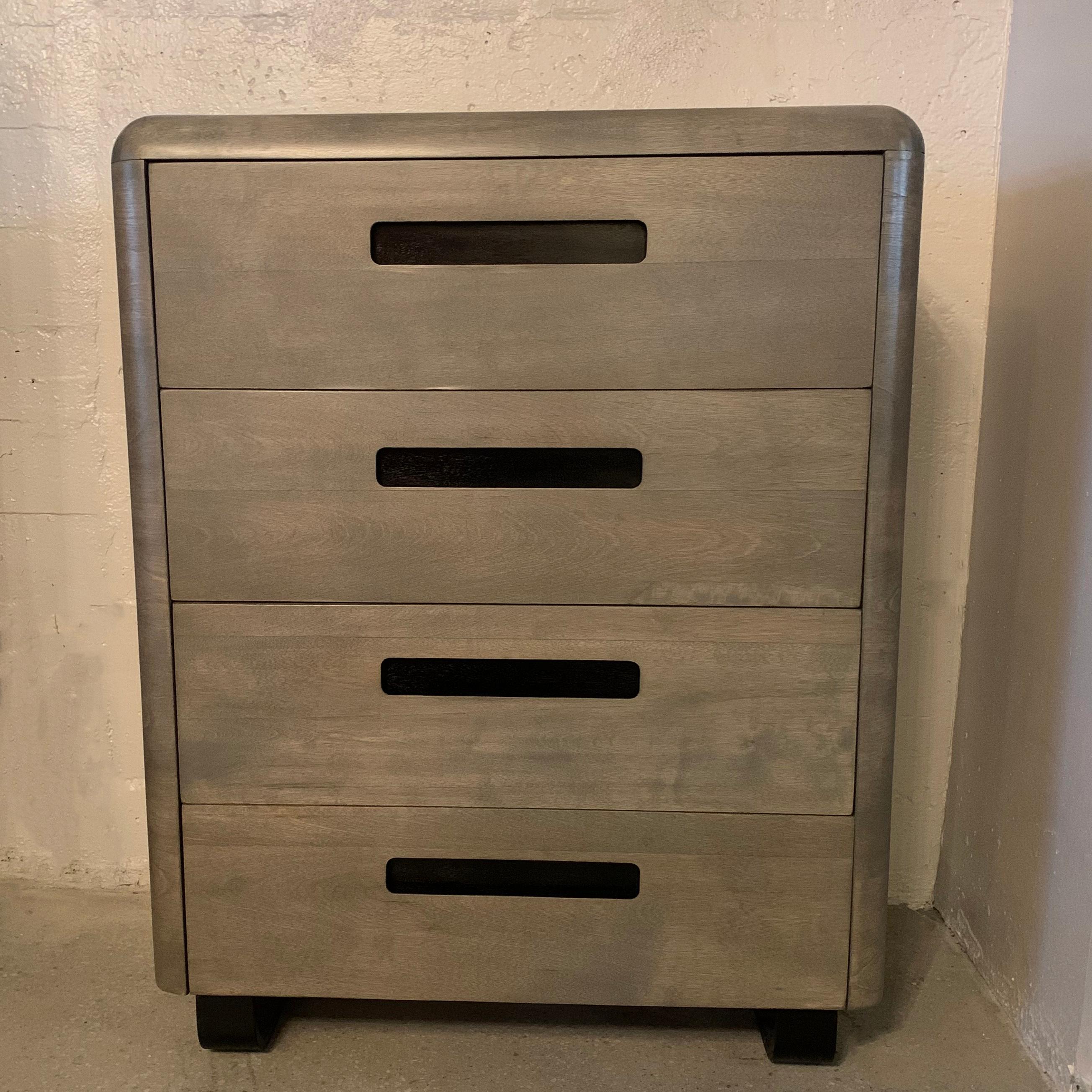 Art Deco, Machine Age, mahogany highboy dresser by Paul Goldman for Plymodern has a pickled finished with contrasting black lacquered bentwood, sleigh legs.