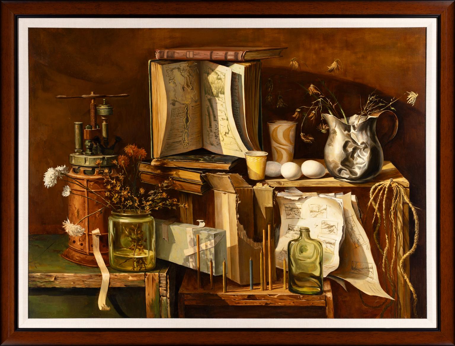 PAUL GORKA - SANS TITRE [ÉTUDES SUR LA FRAGILITÉ]
Huile sur toile ⚜ Signée en bas à droite ⚜ Cadre de conservation personnalisé

UNE NATURE MORTE COMPLEXE ET SYMBOLIQUE DE L'INTROSPECTION AMÉRICAINE DU MILIEU DU SIÈCLE DERNIER
Untitled [Studies in