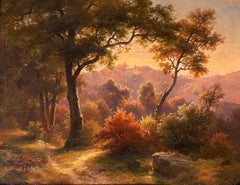 Antique Oil Sunset Forest Scene titled "Autumn Sunset"