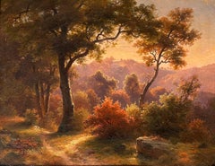 Huile Coucher de soleil Scène de forêt intitulée "Coucher de soleil d'automne"
