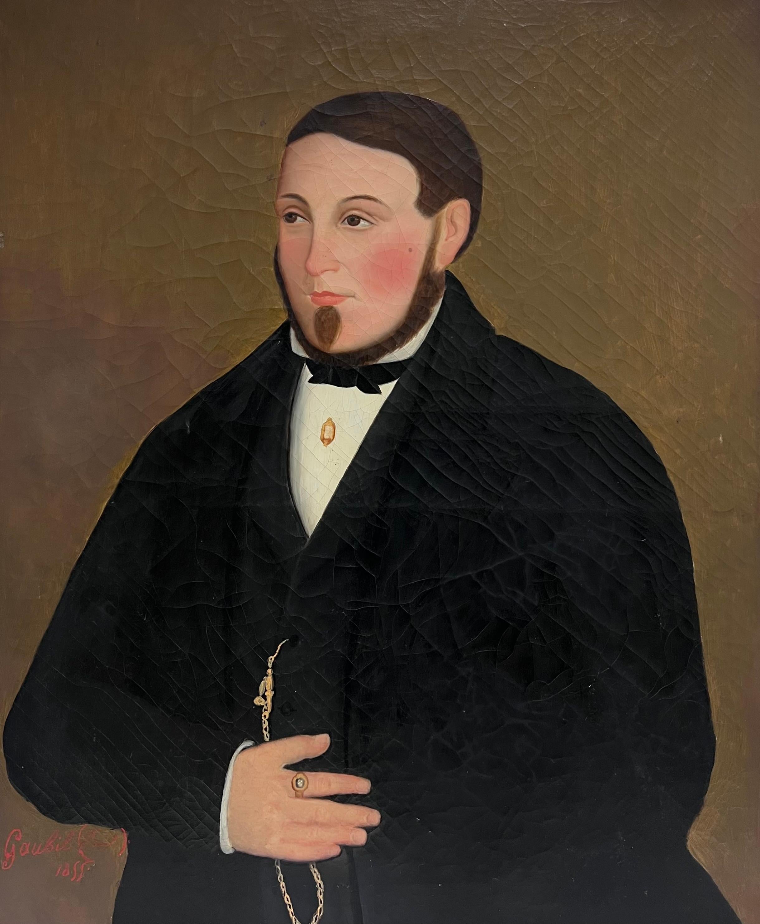 Großes französisches Porträt eines jungen Gentleman aus der Mitte des 19. Jahrhunderts, signiert Öl, 1850er Jahre – Painting von Paul Goubil