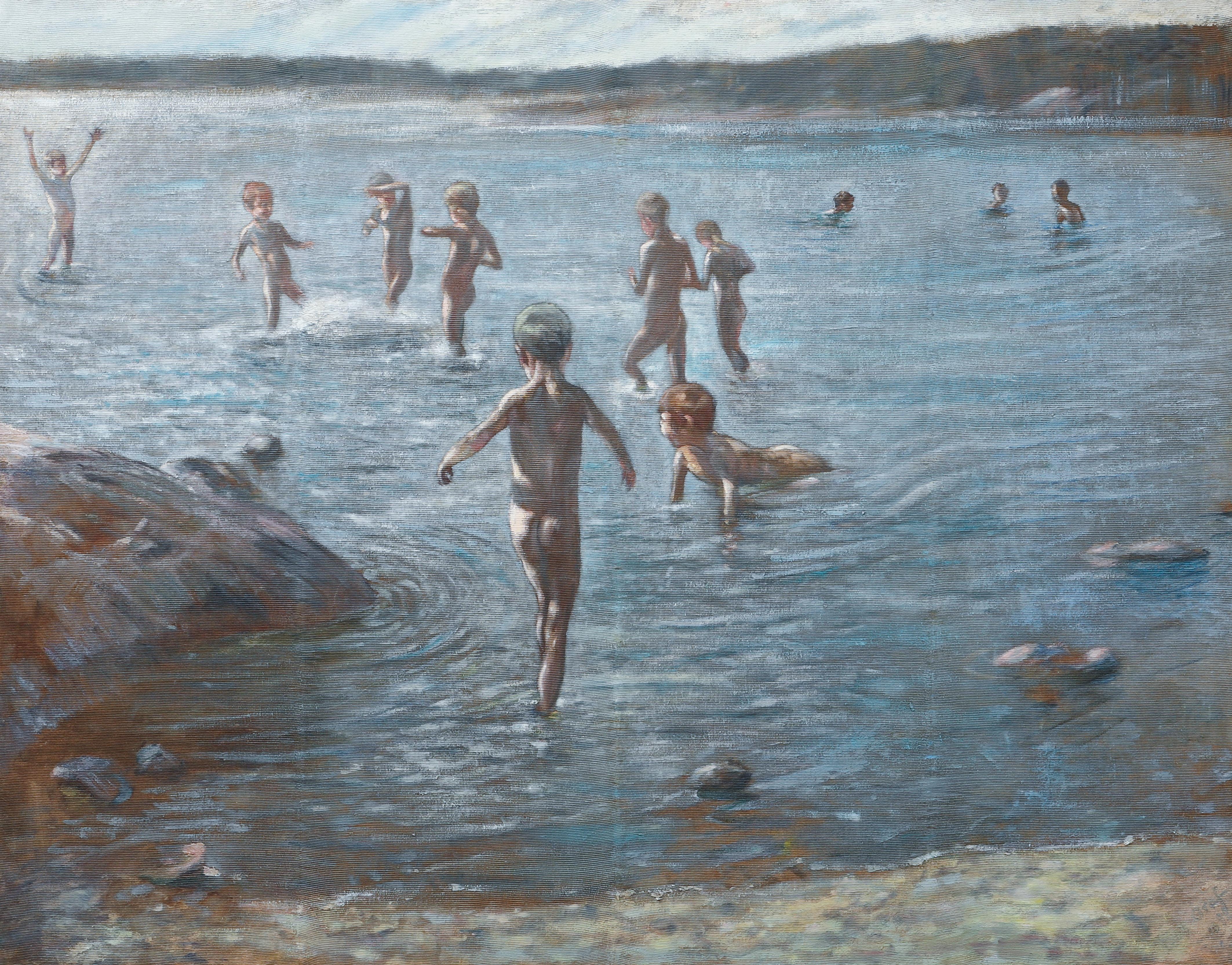 Children Bathing by a Rocky Shore, Skagen, 1892 - Painting by Paul Graf