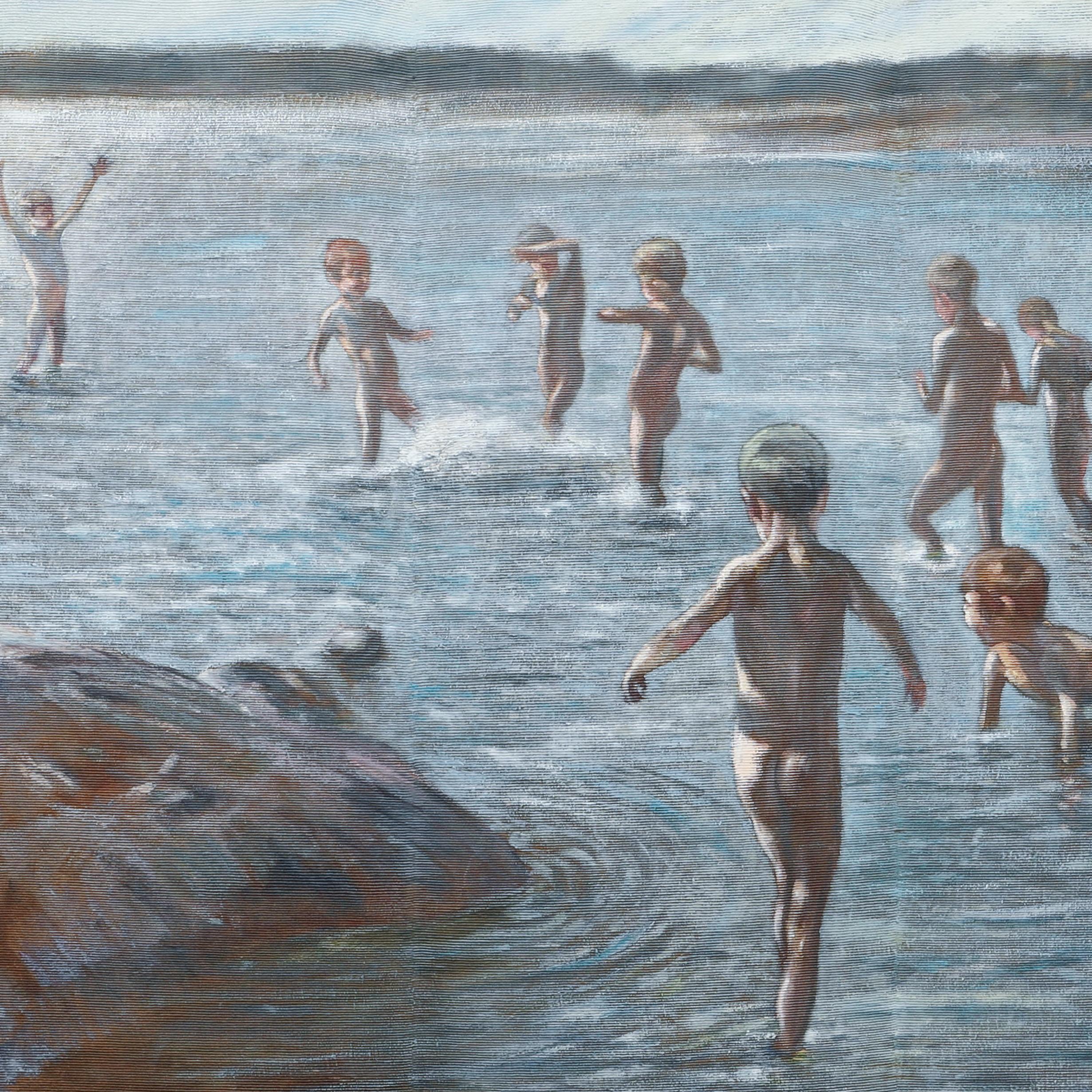 Children Bathing by a Rocky Shore, Skagen, 1892 - Post-Impressionist Painting by Paul Graf
