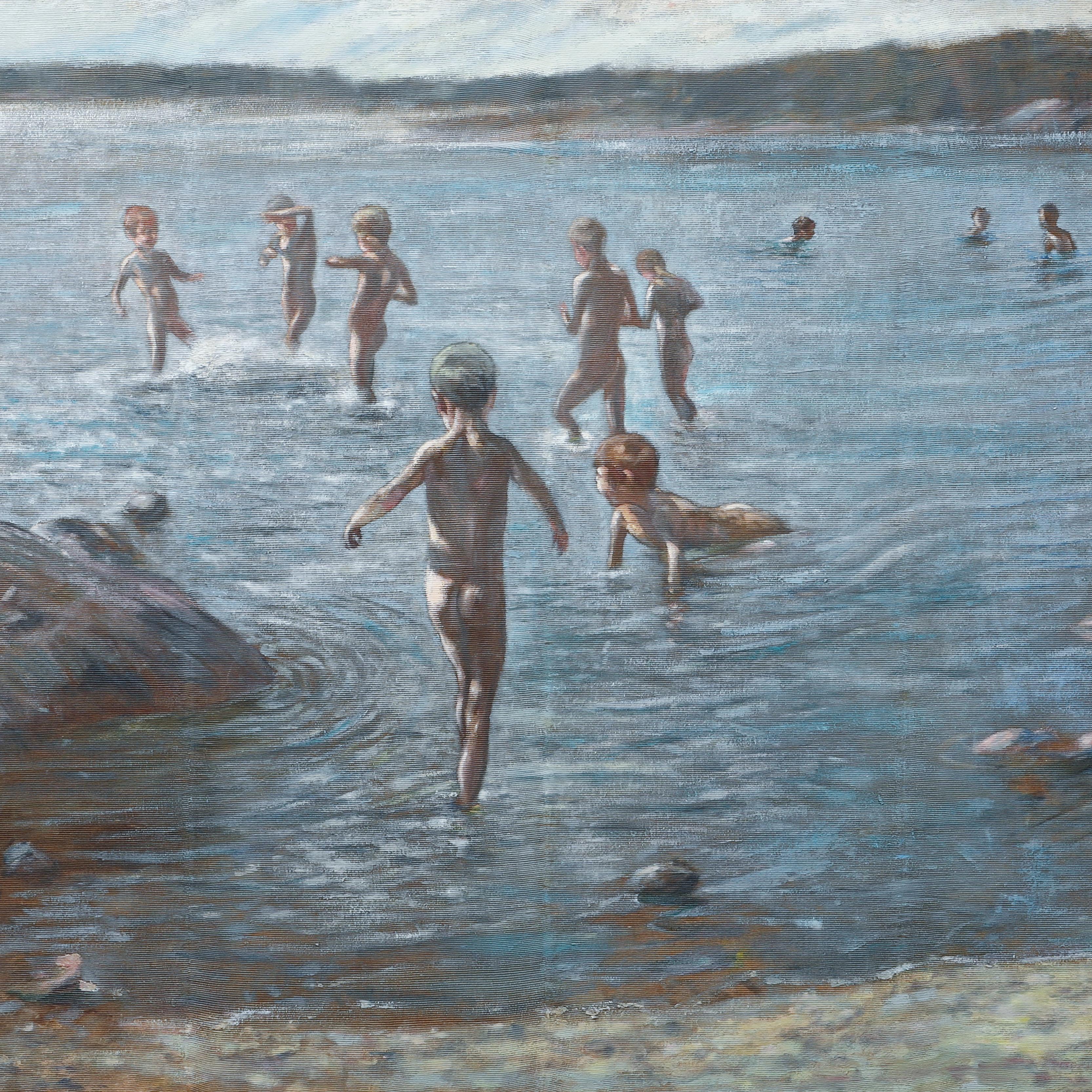 Children Bathing by a Rocky Shore, Skagen, 1892 - Gray Nude Painting by Paul Graf