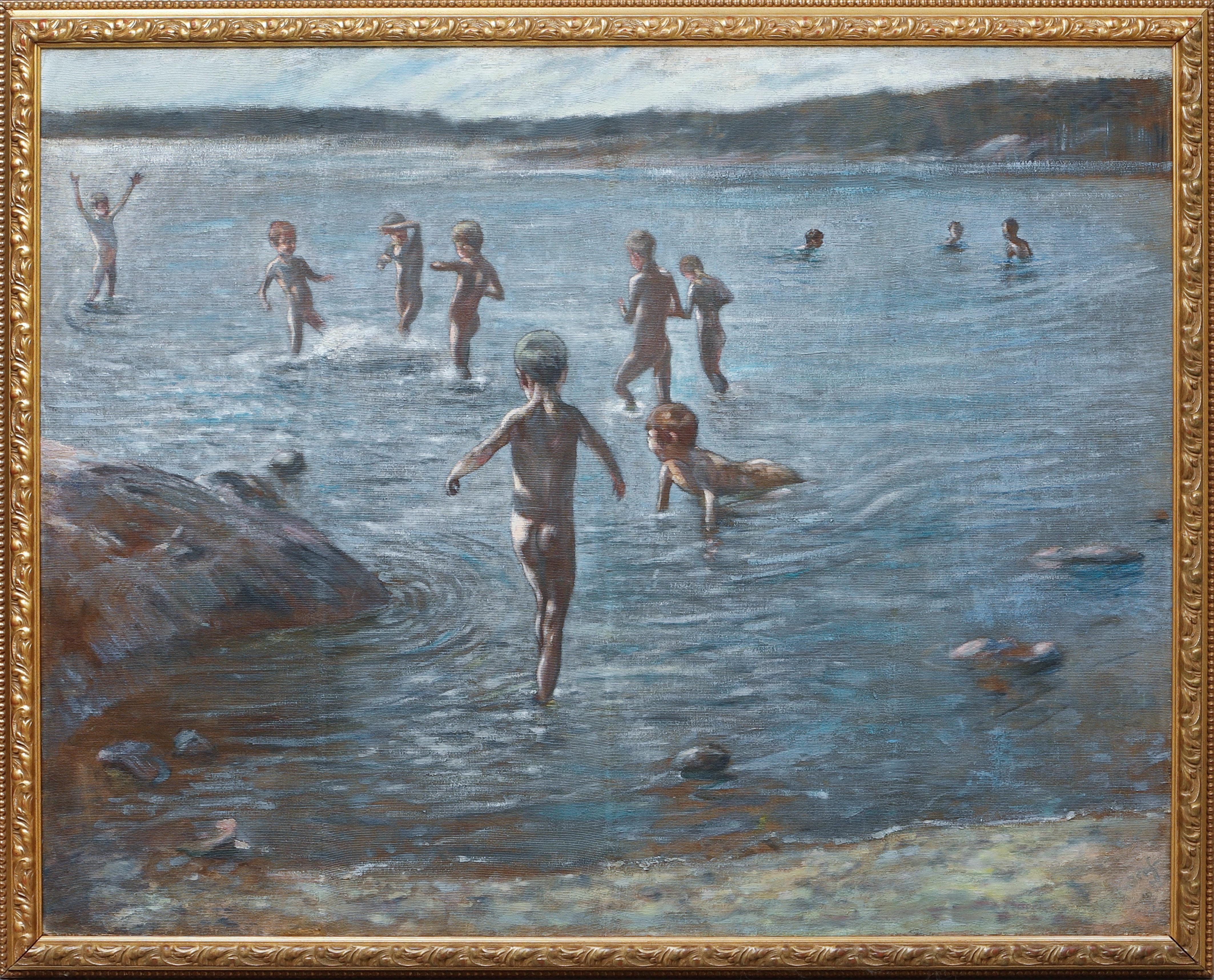 Paul Graf Nude Painting - Children Bathing by a Rocky Shore, Skagen, 1892