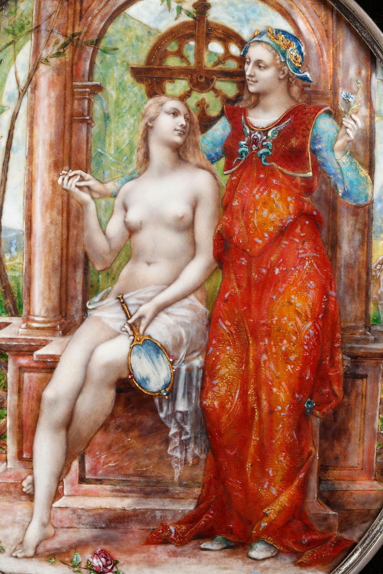 Alegorías del amor carnal y del amor casto
de Paul GRANDHOMME (1851-1944) y Alfred GARNIER (1848-1908)

Importantísima placa de esmalte polícromo translúcido y opaco sobre cobre, 
con lentejuelas doradas y reflejos dorados.
Engastada en su engaste
