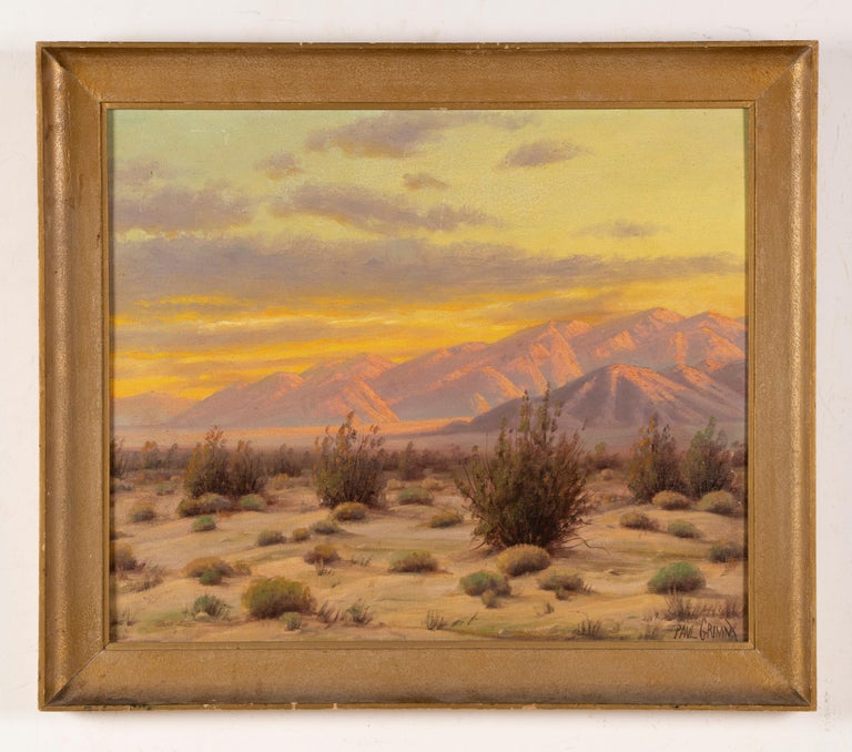 Antique American Western Desert Mountain Sunset Signed Original Oil Painting - Brown Landscape Painting by Paul Grimm