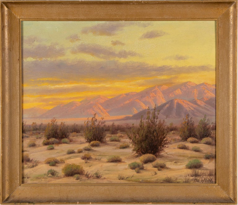 Antique American Western landscape painting by Paul Grimm (1891-1974).  Oil on board, circa 1920.  Signed.  Image size 24L x 20H.  Housed in a period giltwood frame.