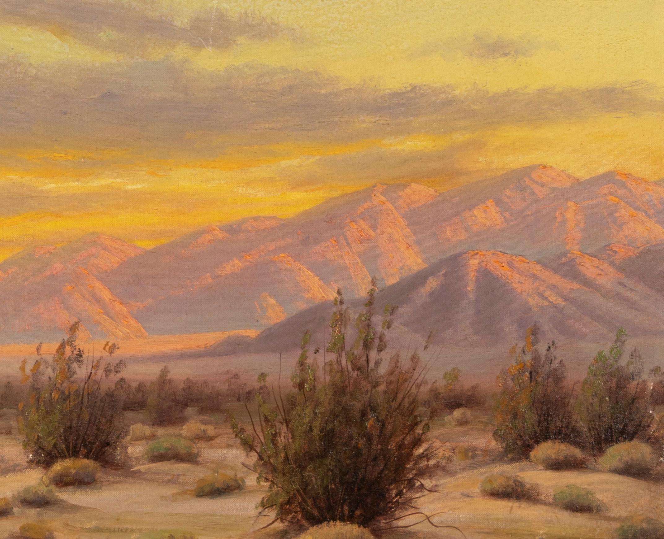 Antique American Western Desert Mountain Sunset Signed Original Oil Painting - Brown Landscape Painting by Paul Grimm