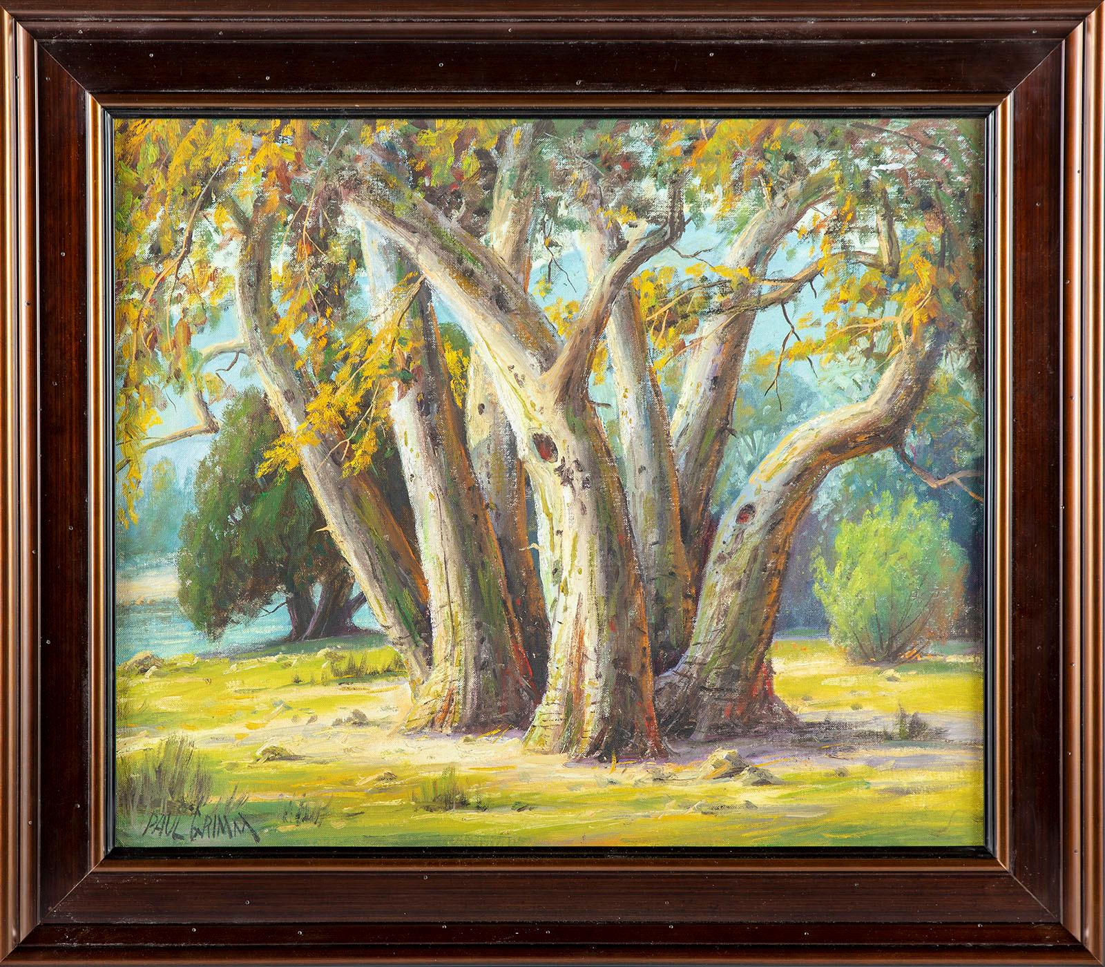 Paul Grimm – Seven Sisters, 1968
Oil on canvas
Size: 24 x 20 inches
With frame: 30 x 26 inches
Condition: Mint

Painted in the Santa Ynez Valley near Santa Barbara, the work “Seven Sisters” depicts a scene of trees by a stream with mountains in the