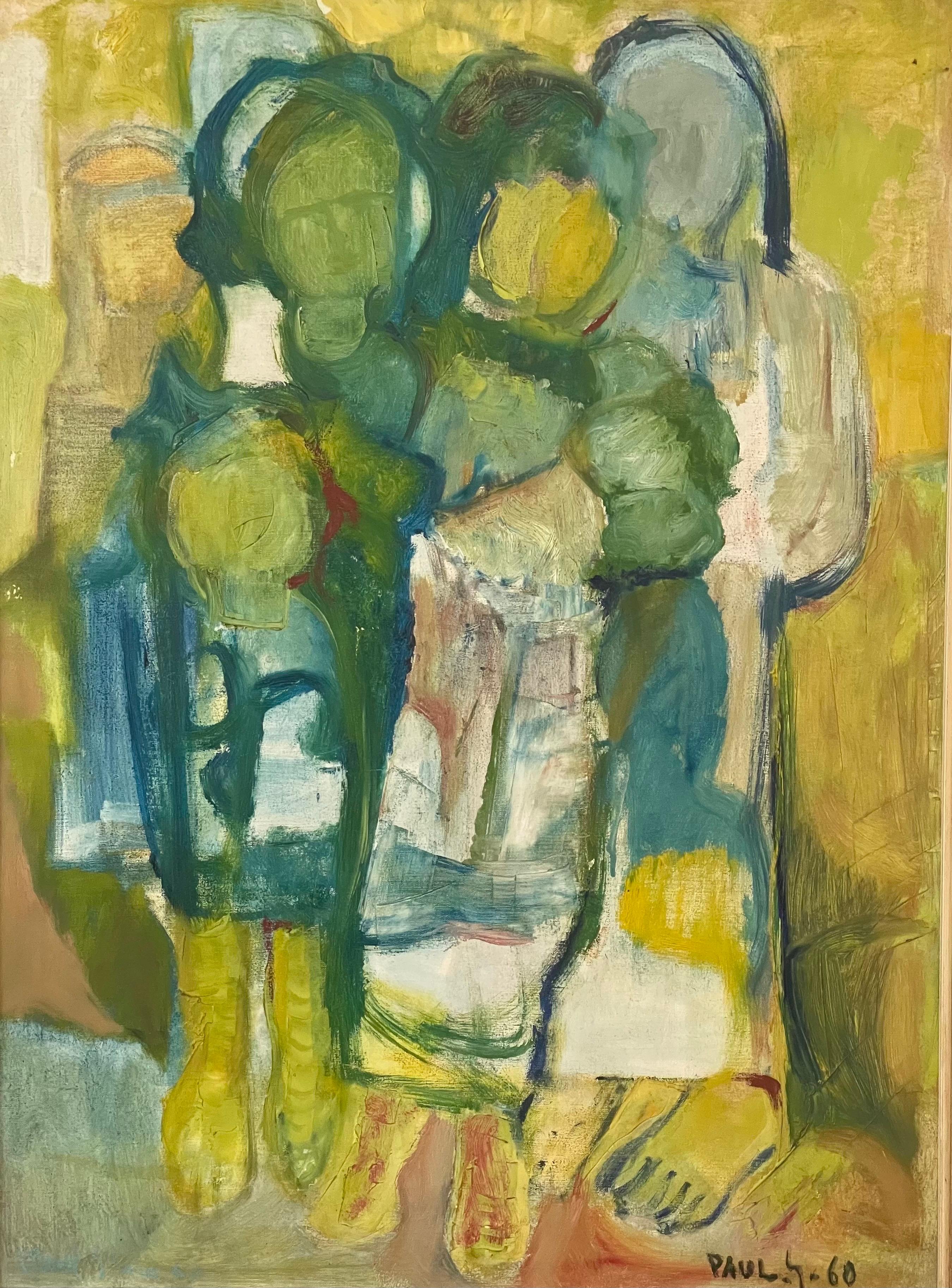 Aquí tienes uno de los óleos sobre lienzo de los años 60 de Paul Guiragossian. El tamaño de la obra, sin el marco, es de 31 x 23 pulgadas. La composición general representa a una familia, y las figuras son típicas del estilo distintivo del