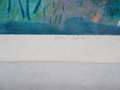 Pferde beim Sonnenuntergang - Originallithographie:: handsigniert