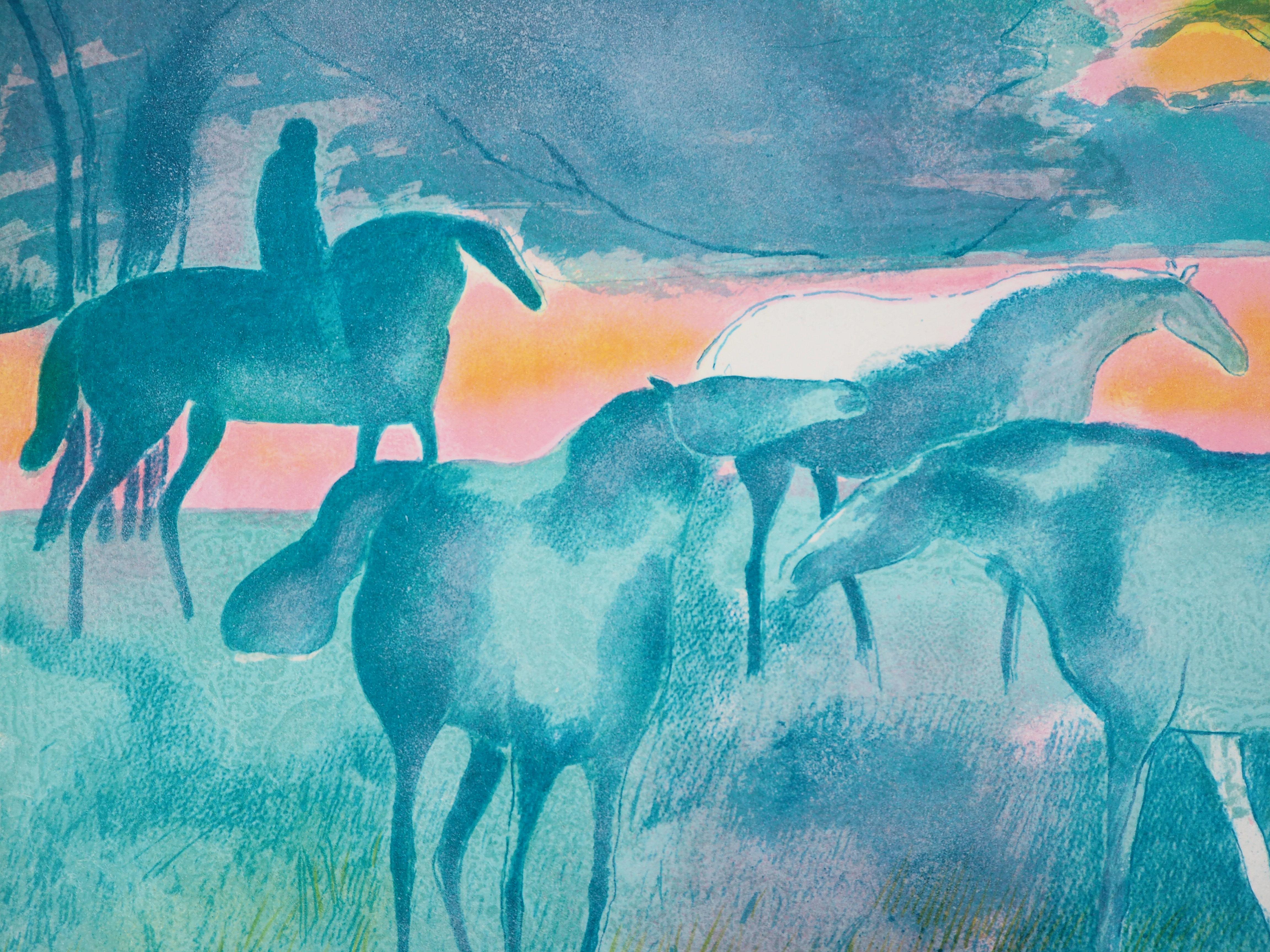 Horses at sunset - Original lithograph, Handsigned - Modern Painting by Paul Guiramand